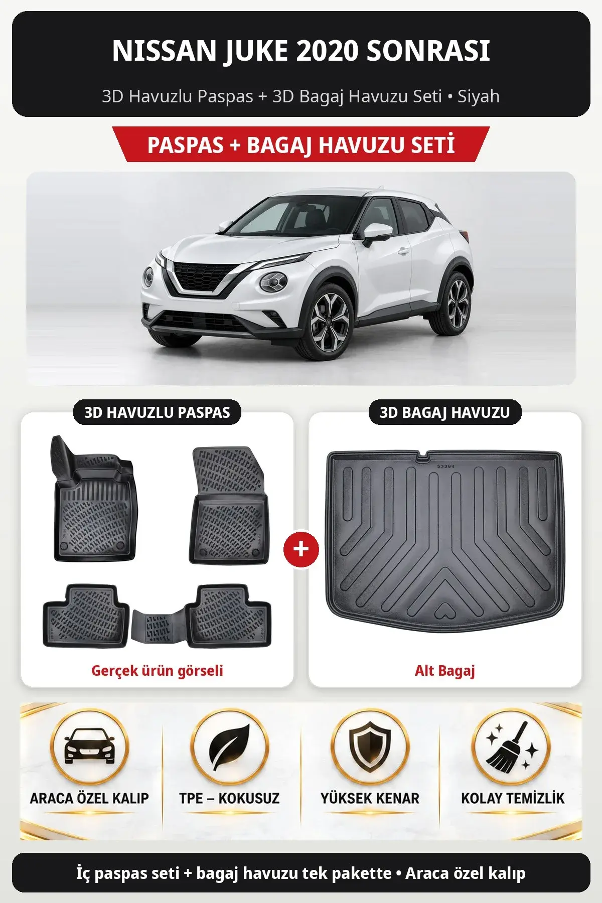 Nissan Juke 2020 Sonrası 3D Havuzlu Paspas + 3D Bagaj Havuzu Seti (Alt Bagaj) Siyah (1)