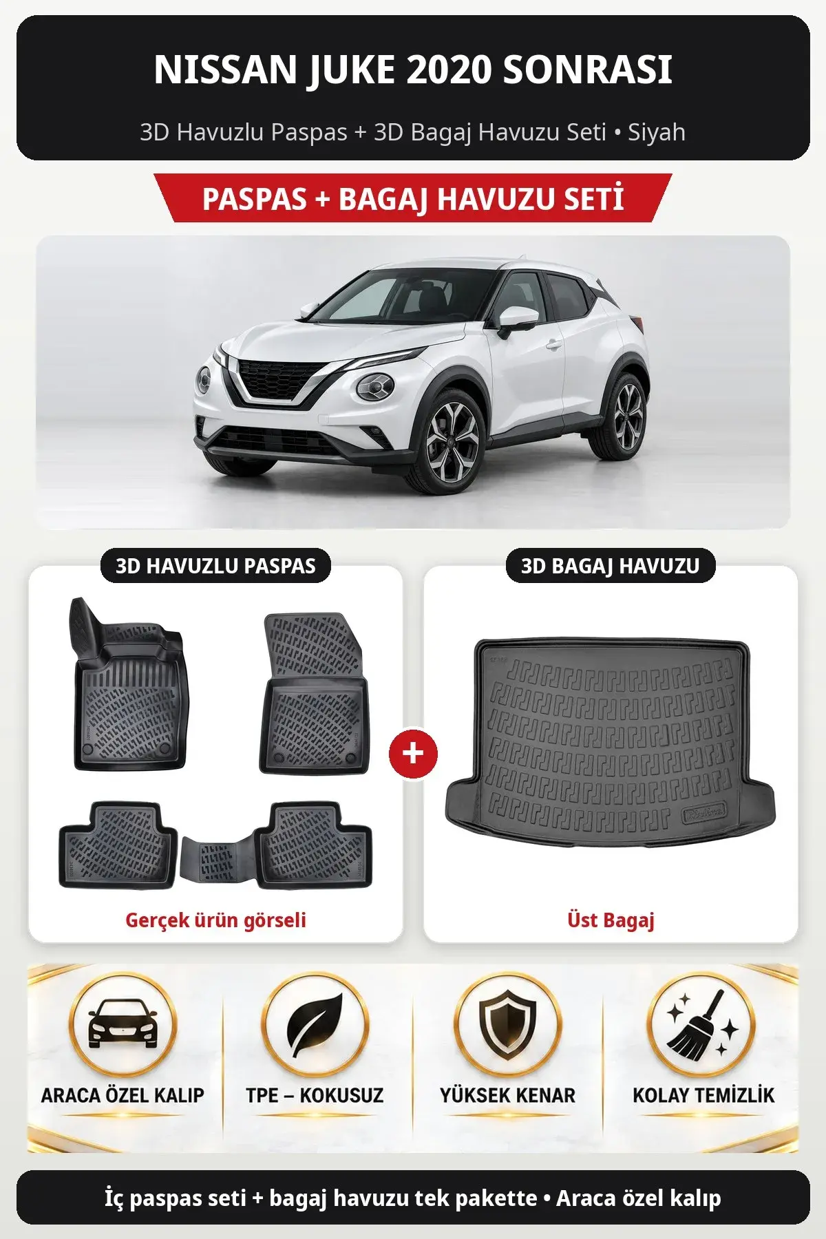 Nissan Juke 2020 Sonrası 3D Havuzlu Paspas + 3D Bagaj Havuzu Seti (Üst Bagaj) Siyah (1)