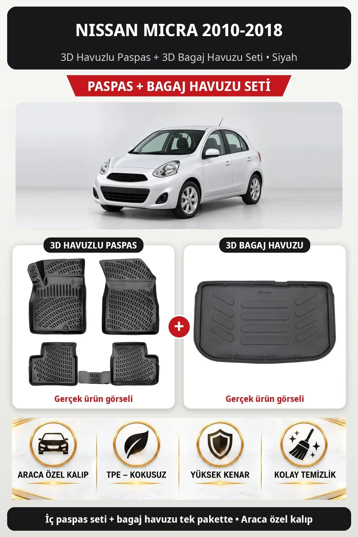 Nissan Micra 2010-2018 3D Havuzlu Paspas + 3D Bagaj Havuzu Seti Siyah (1)