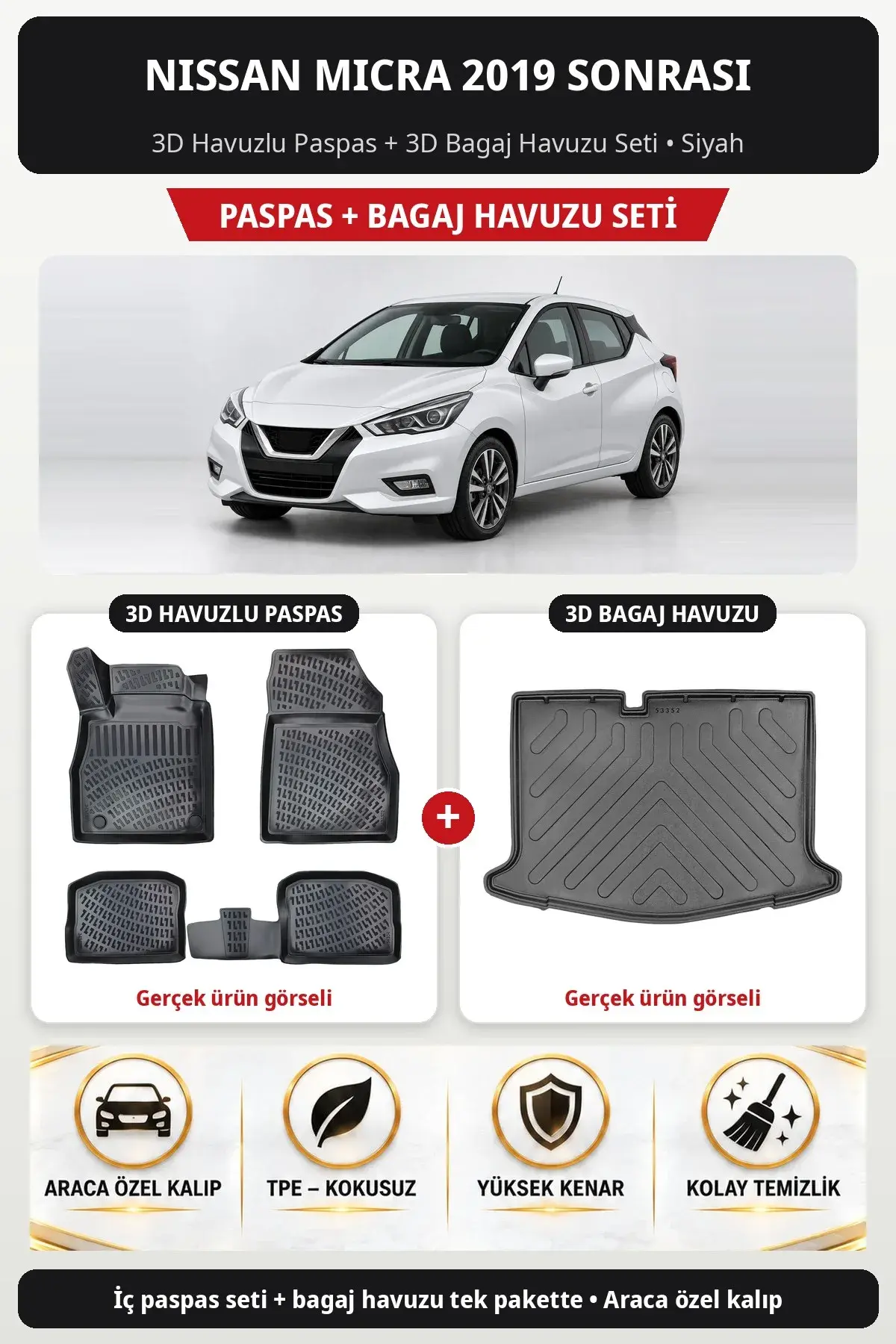 Nissan Micra 2019 Sonrası 3D Havuzlu Paspas + 3D Bagaj Havuzu Seti Siyah (1)