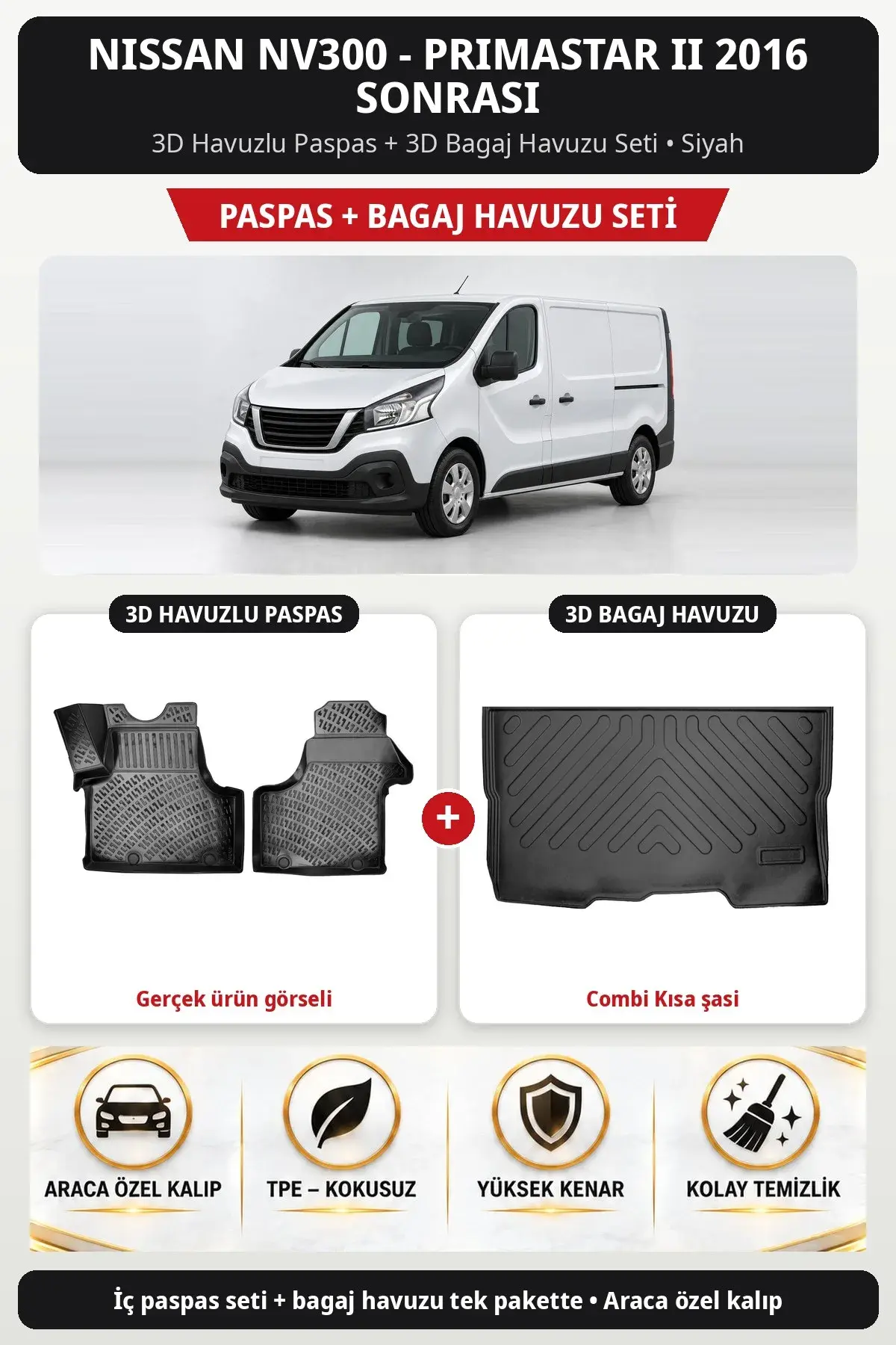 Nissan NV300 - Primastar II 2016 Sonrası 3D Paspas + Bagaj Havuzu Seti (Combi Kısa şasi) Siyah (1)