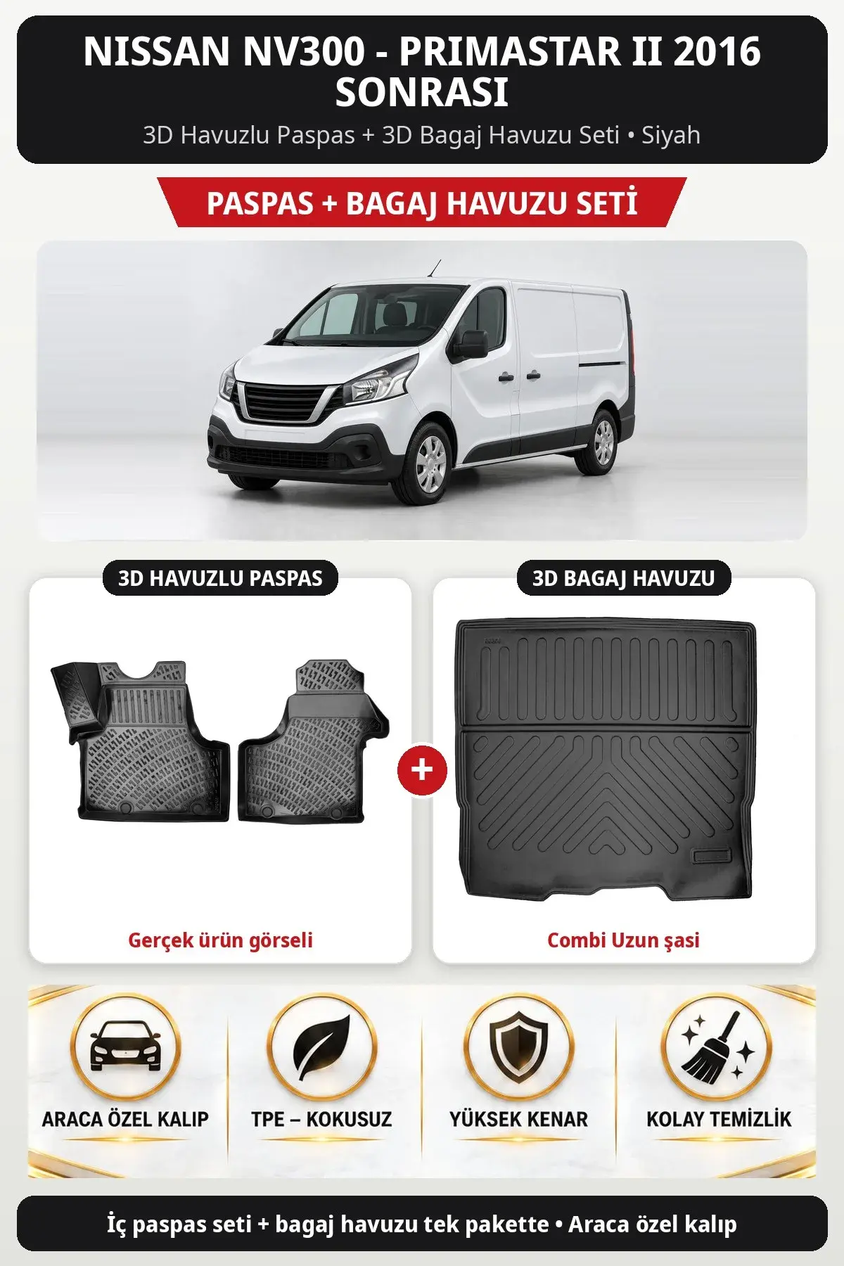 Nissan NV300 - Primastar II 2016 Sonrası 3D Paspas + Bagaj Havuzu Seti (Combi Uzun şasi) Siyah (1)