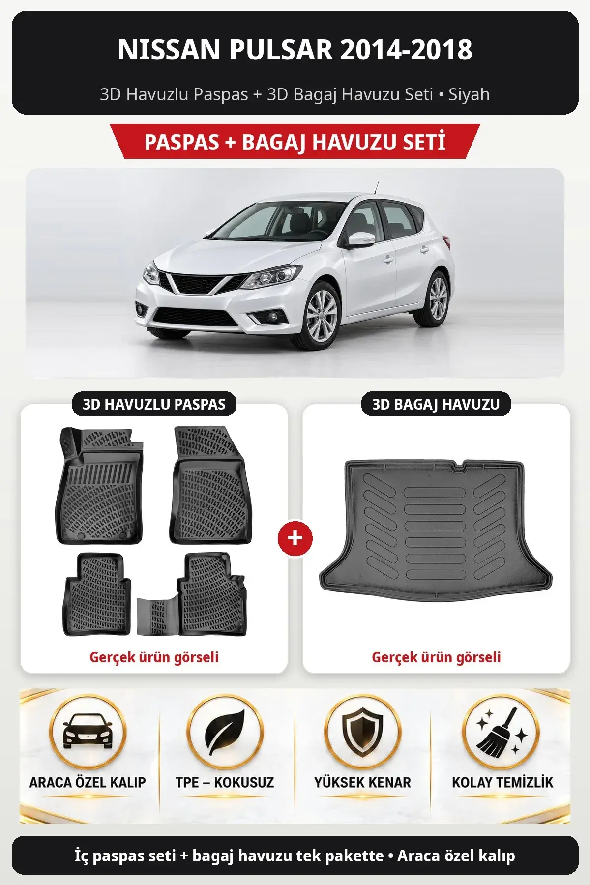 Nissan Pulsar 2014-2018 3D Havuzlu Paspas + 3D Bagaj Havuzu Seti Siyah (1)