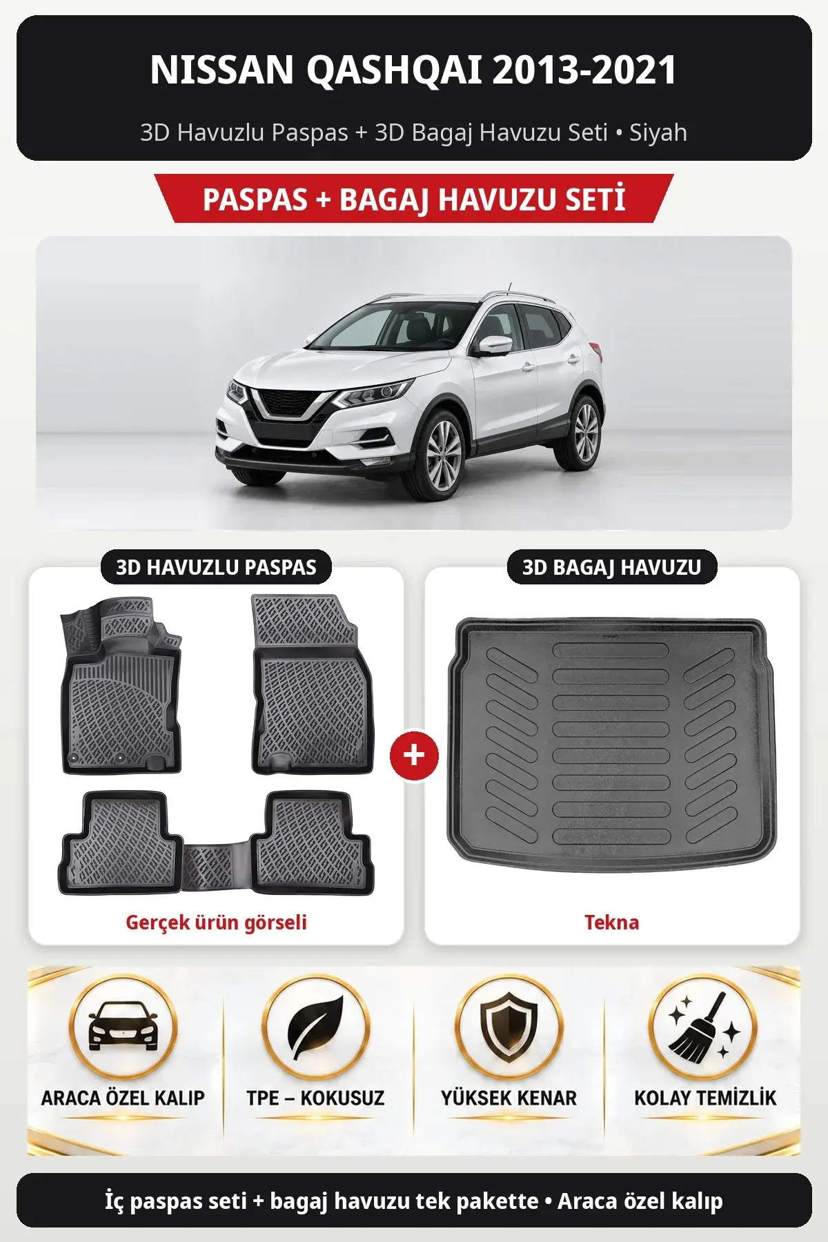 Nissan Qashqai 2013-2021 3D Havuzlu Paspas + 3D Bagaj Havuzu Seti (Tekna) Siyah (1)