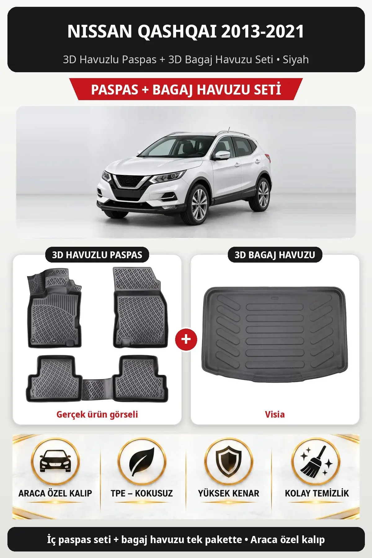 Nissan Qashqai 2013-2021 3D Havuzlu Paspas + 3D Bagaj Havuzu Seti (Visia) Siyah (1)
