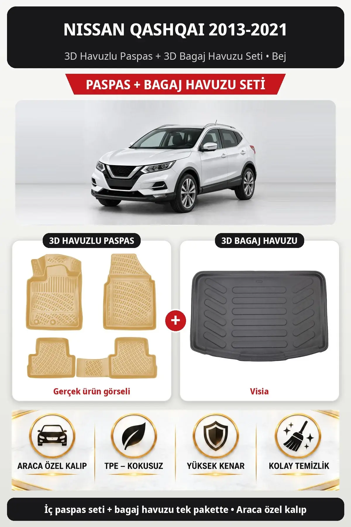 Nissan Qashqai 2013-2021 3D Havuzlu Paspas + 3D Bagaj Havuzu Seti (Visia) Bej (1)