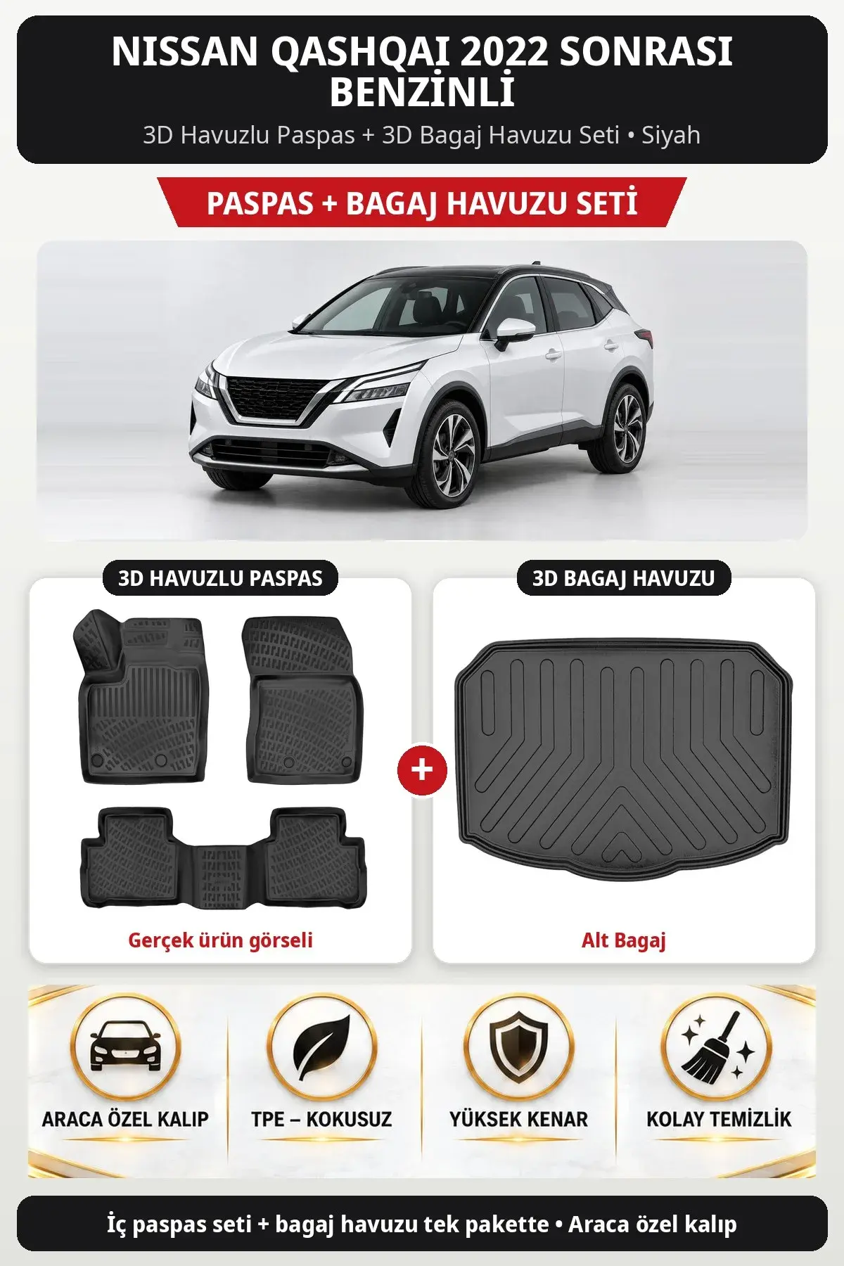 Nissan Qashqai 2022 Sonrası Benzinli 3D Havuzlu Paspas + 3D Bagaj Havuzu Seti (Alt Bagaj) Siyah (1)
