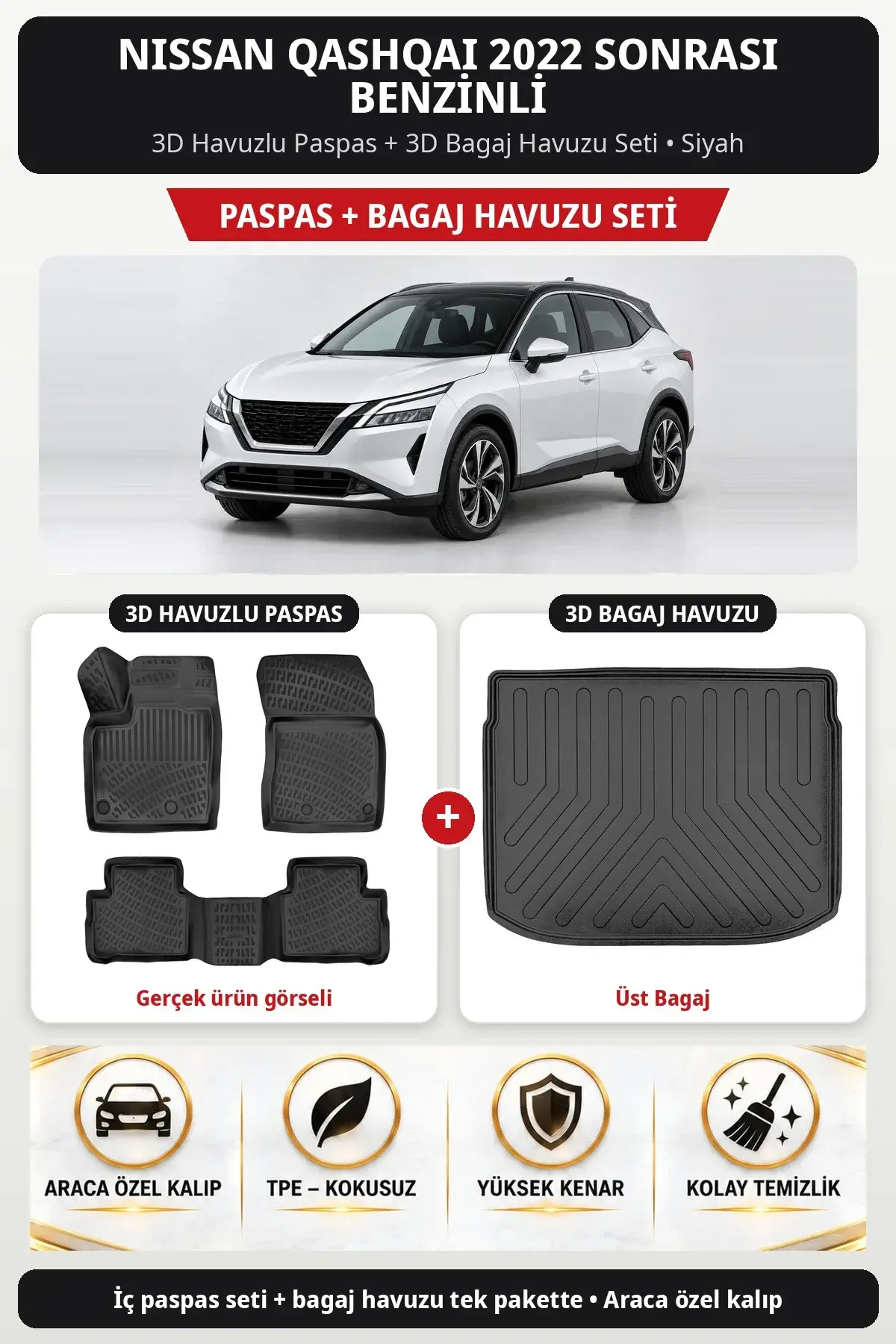 Nissan Qashqai 2022 Sonrası Benzinli 3D Havuzlu Paspas + 3D Bagaj Havuzu Seti (Üst Bagaj) Siyah (1)