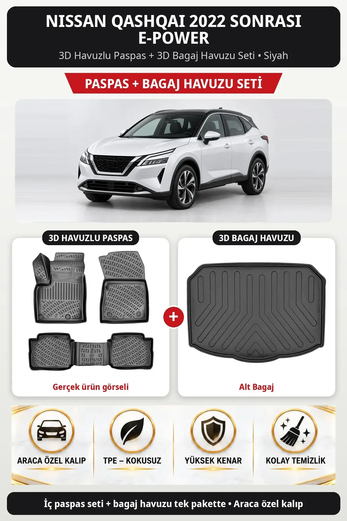 Nissan Qashqai 2022 Sonrası E-Power 3D Havuzlu Paspas + 3D Bagaj Havuzu Seti (Alt Bagaj) Siyah (1)