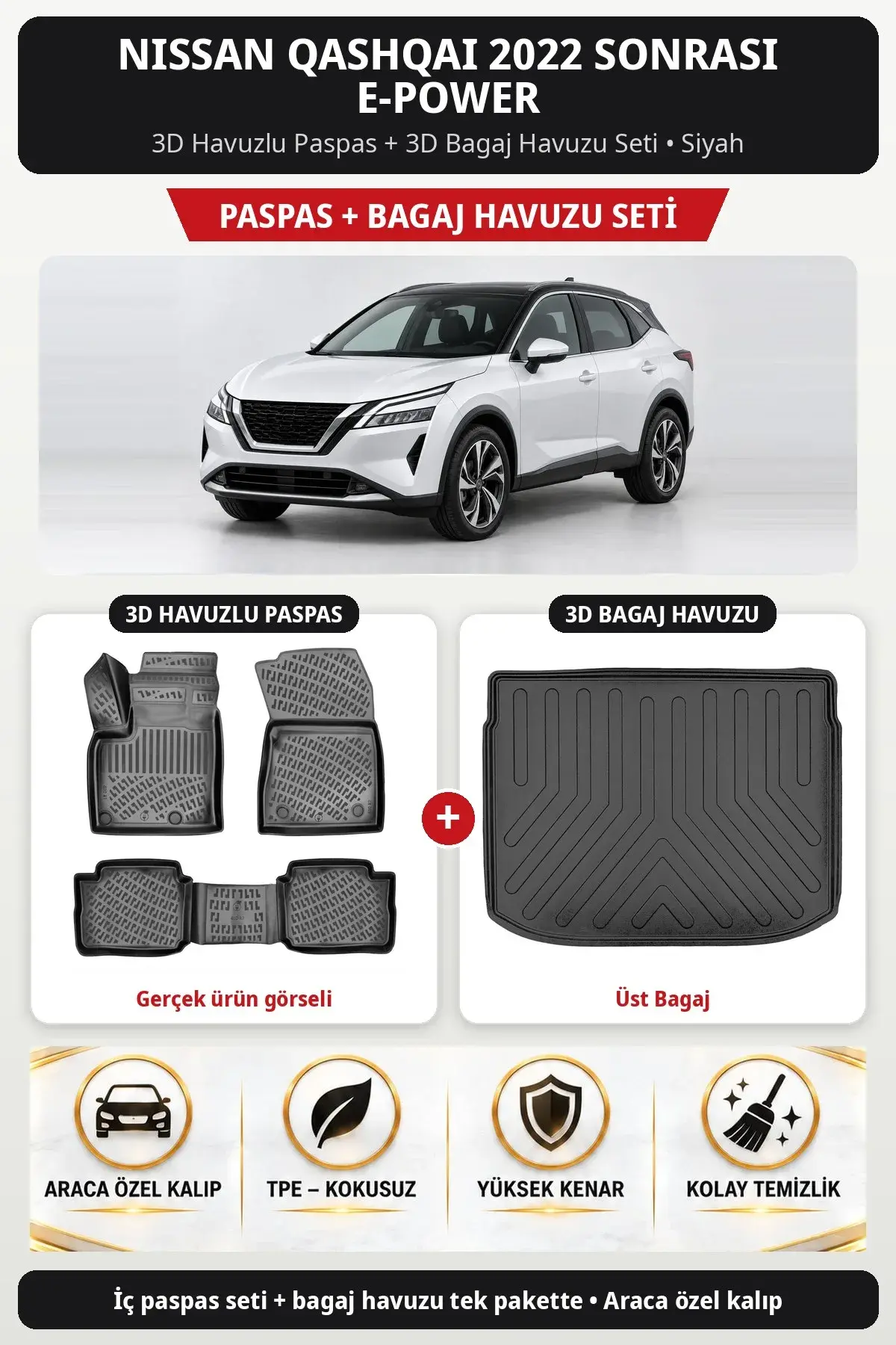 Nissan Qashqai 2022 Sonrası E-Power 3D Havuzlu Paspas + 3D Bagaj Havuzu Seti (Üst Bagaj) Siyah (1)