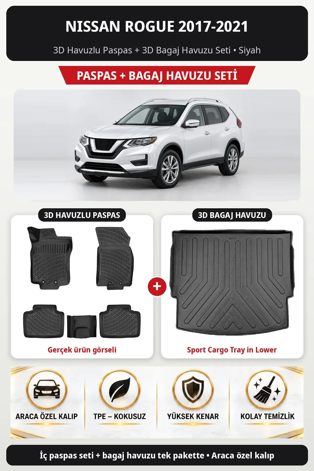 Nissan Rogue 2017-2021 3D Havuzlu Paspas + 3D Bagaj Havuzu Seti (Sport Cargo Tray in Lower) Siyah (1)