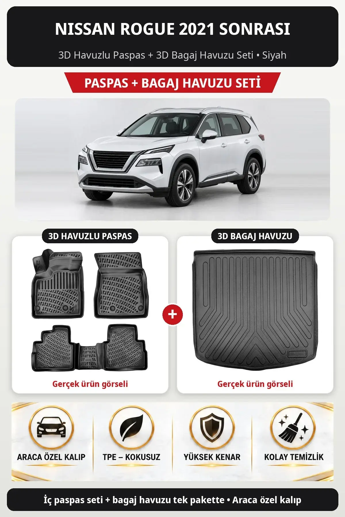 Nissan Rogue 2021 Sonrası 3D Havuzlu Paspas + 3D Bagaj Havuzu Seti Siyah (1)