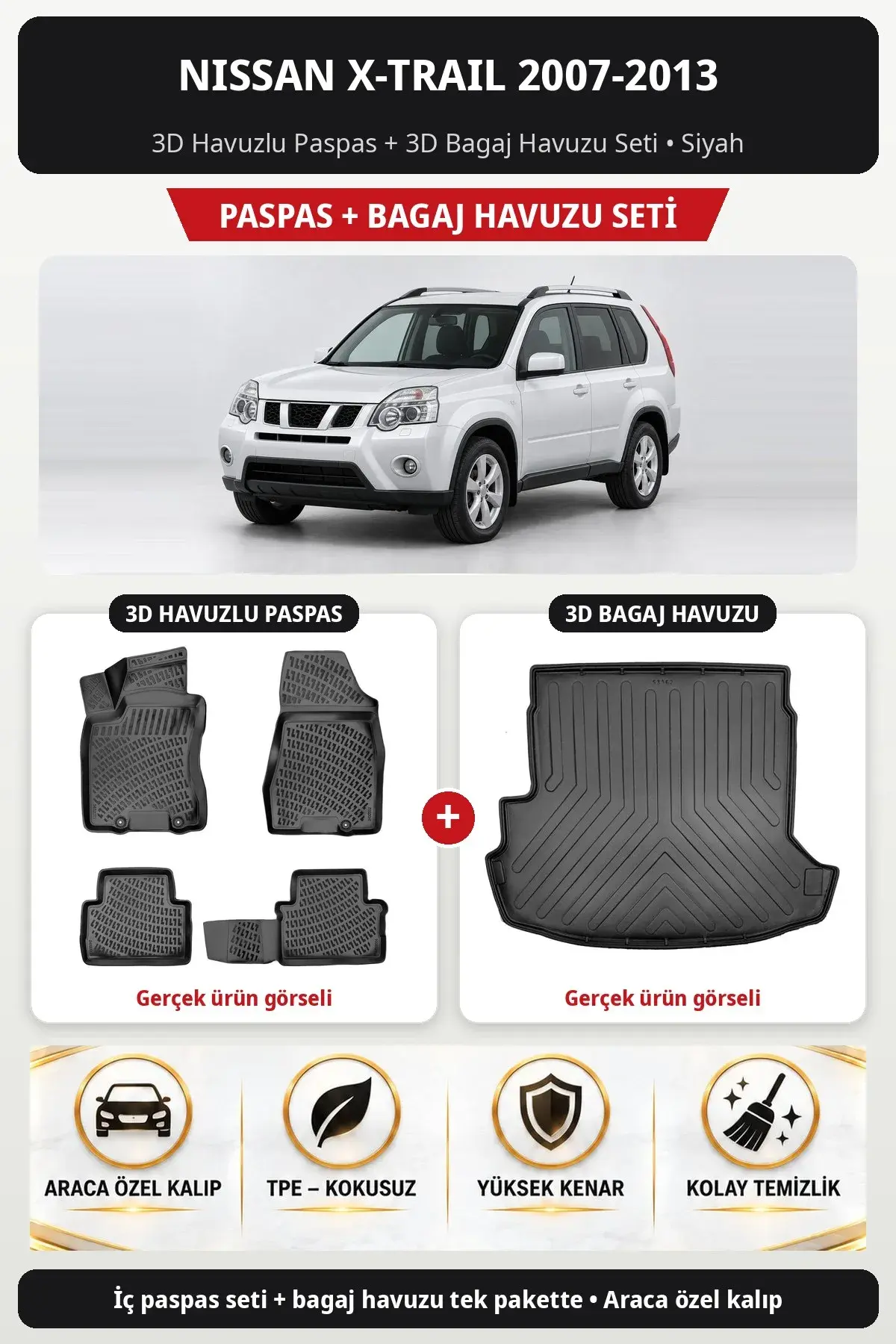 Nissan X-Trail 2007-2013 3D Havuzlu Paspas + 3D Bagaj Havuzu Seti Siyah (1)