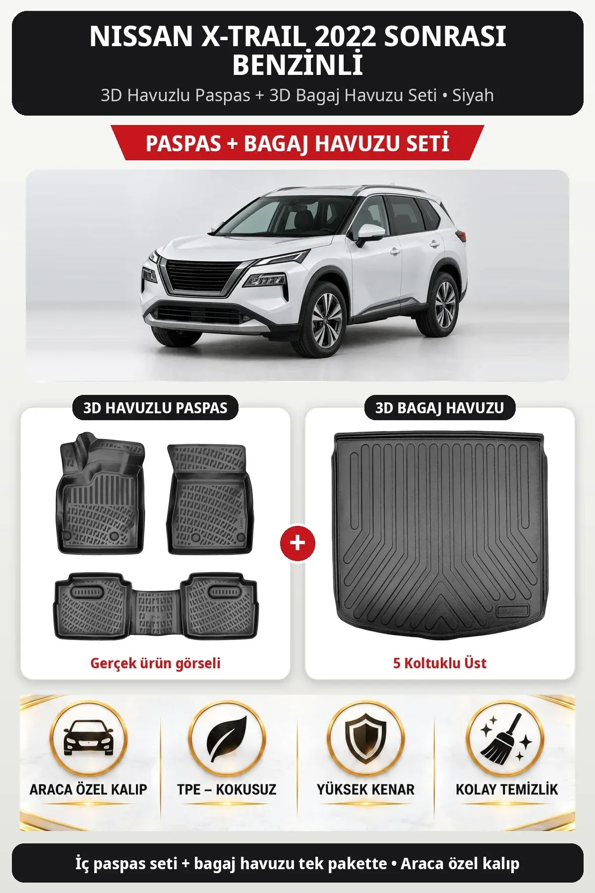 Nissan X-Trail 2022 Sonrası Benzinli 3D Havuzlu Paspas + 3D Bagaj Havuzu Seti (5 Koltuklu Üst) Siyah (1)