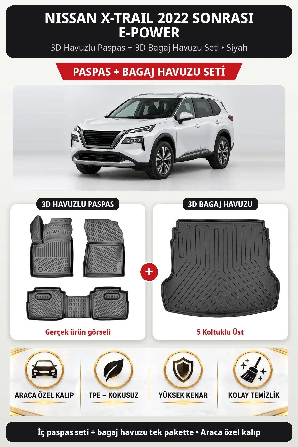Nissan X-Trail 2022 Sonrası E-Power 3D Havuzlu Paspas + 3D Bagaj Havuzu Seti (5 Koltuklu Üst) Siyah (1)