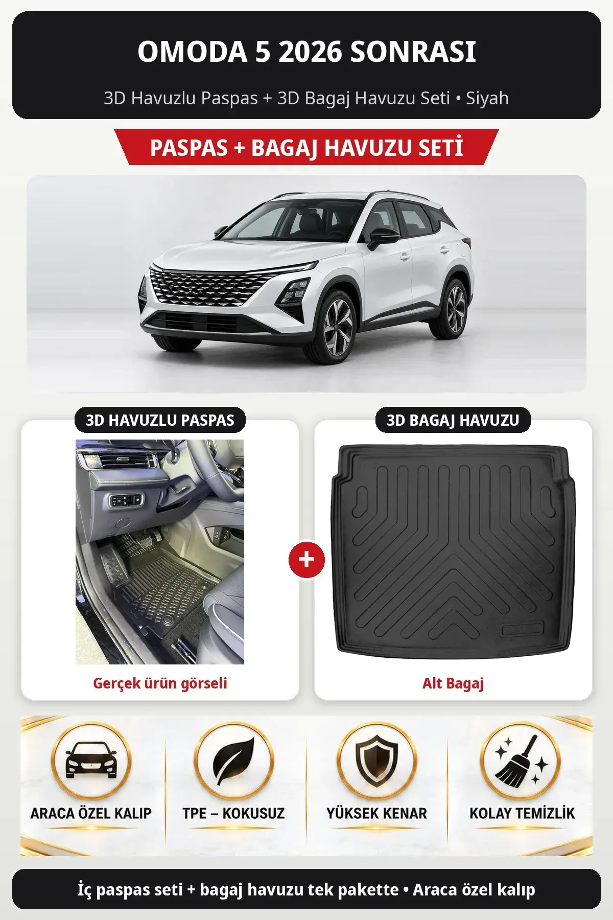 Omoda 5 2026 Sonrası 3D Havuzlu Paspas + 3D Bagaj Havuzu Seti (Alt Bagaj) Siyah (1)