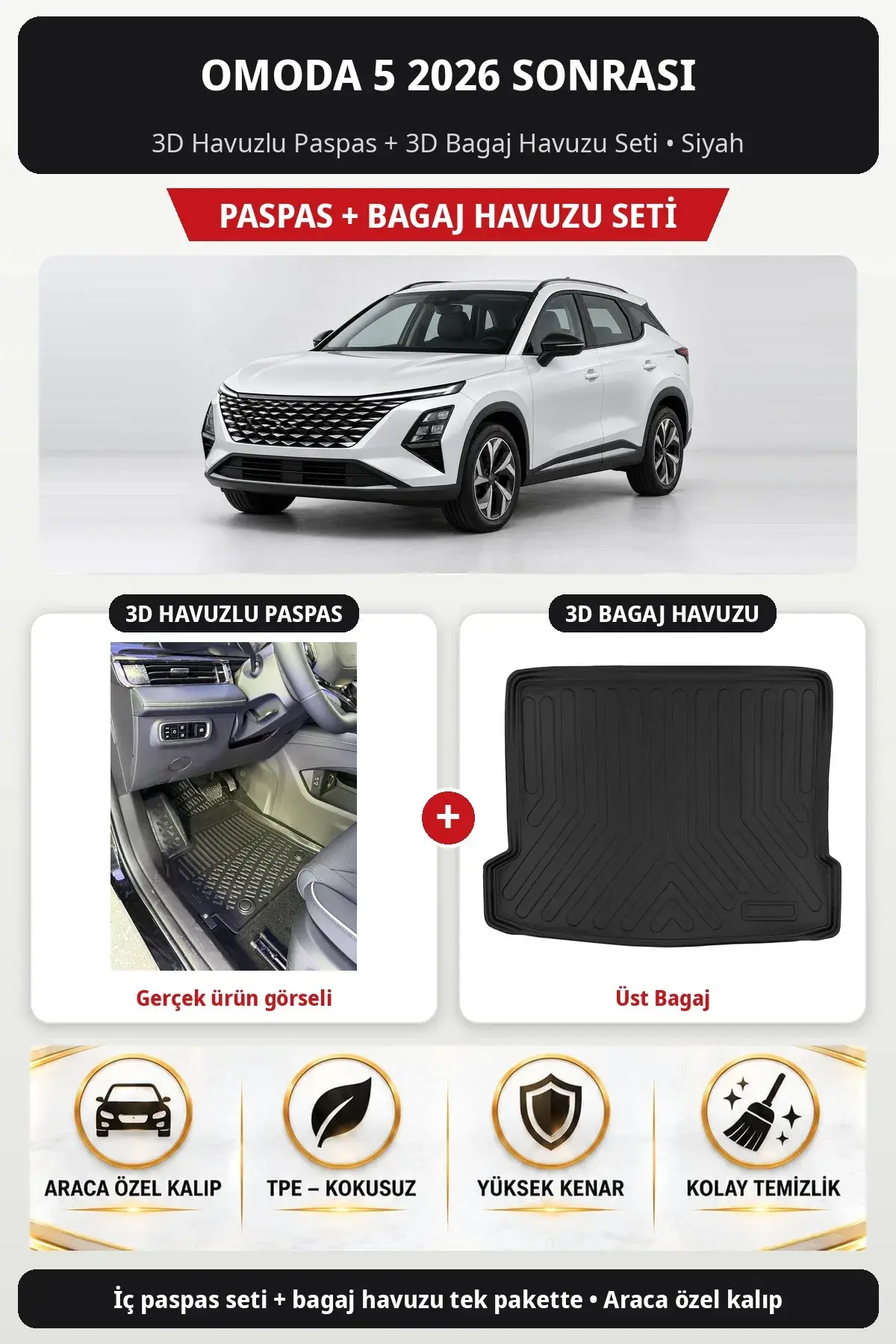 Omoda 5 2026 Sonrası 3D Havuzlu Paspas + 3D Bagaj Havuzu Seti (Üst Bagaj) Siyah (1)