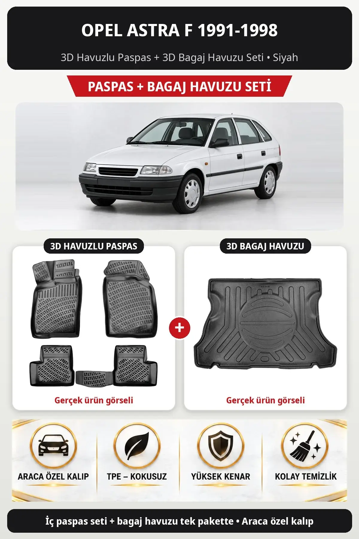 Opel Astra F 1991-1998 3D Havuzlu Paspas + 3D Bagaj Havuzu Seti Siyah (1)