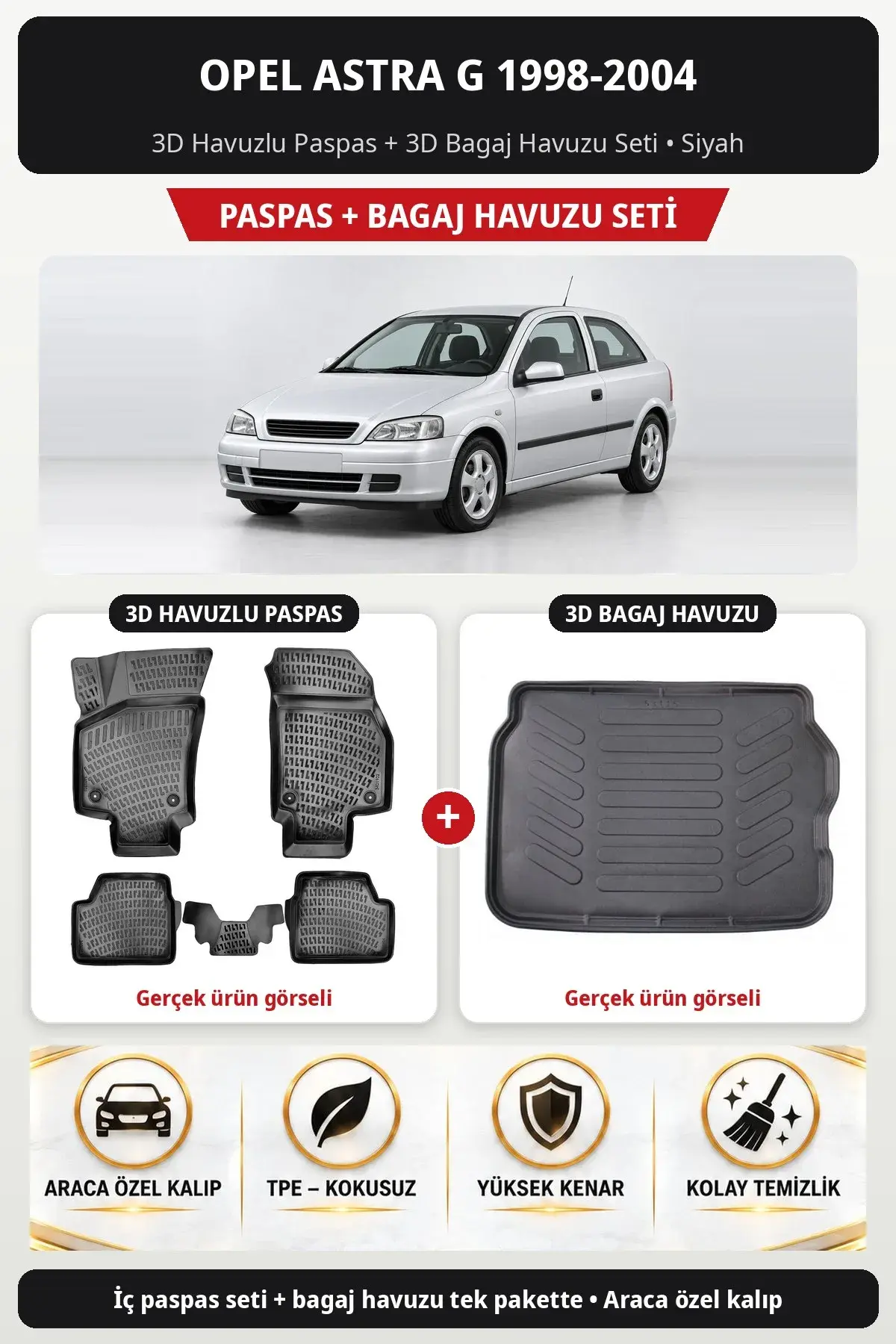 Opel Astra G 1998-2004 3D Havuzlu Paspas + 3D Bagaj Havuzu Seti Siyah (1)