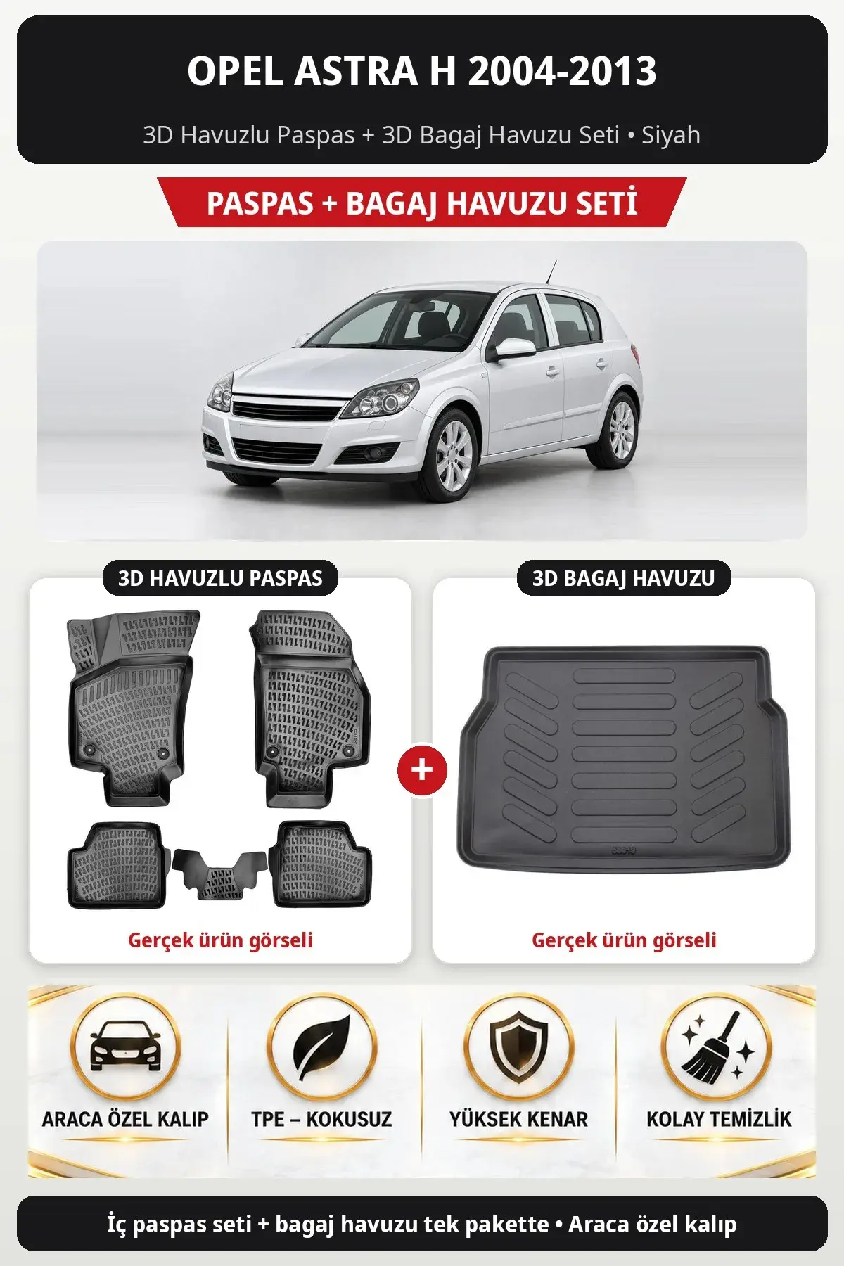 Opel Astra H 2004-2013 3D Havuzlu Paspas + 3D Bagaj Havuzu Seti Siyah (1)