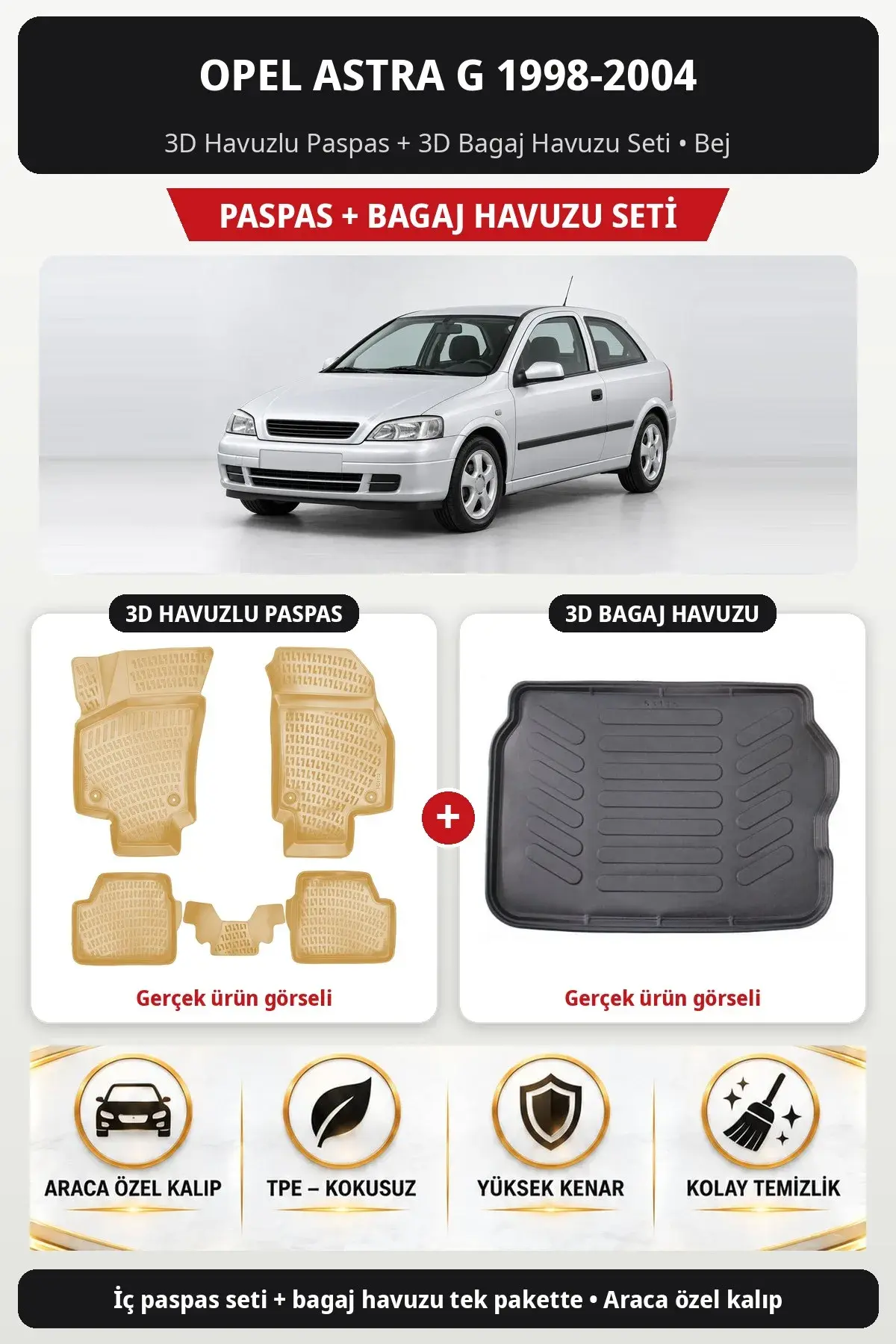 Opel Astra G 1998-2004 3D Havuzlu Paspas + 3D Bagaj Havuzu Seti Bej (1)