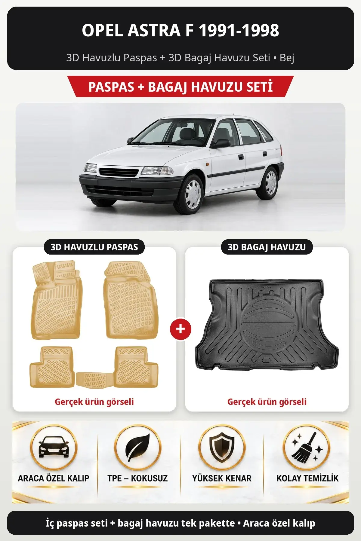 Opel Astra F 1991-1998 3D Havuzlu Paspas + 3D Bagaj Havuzu Seti Bej (1)