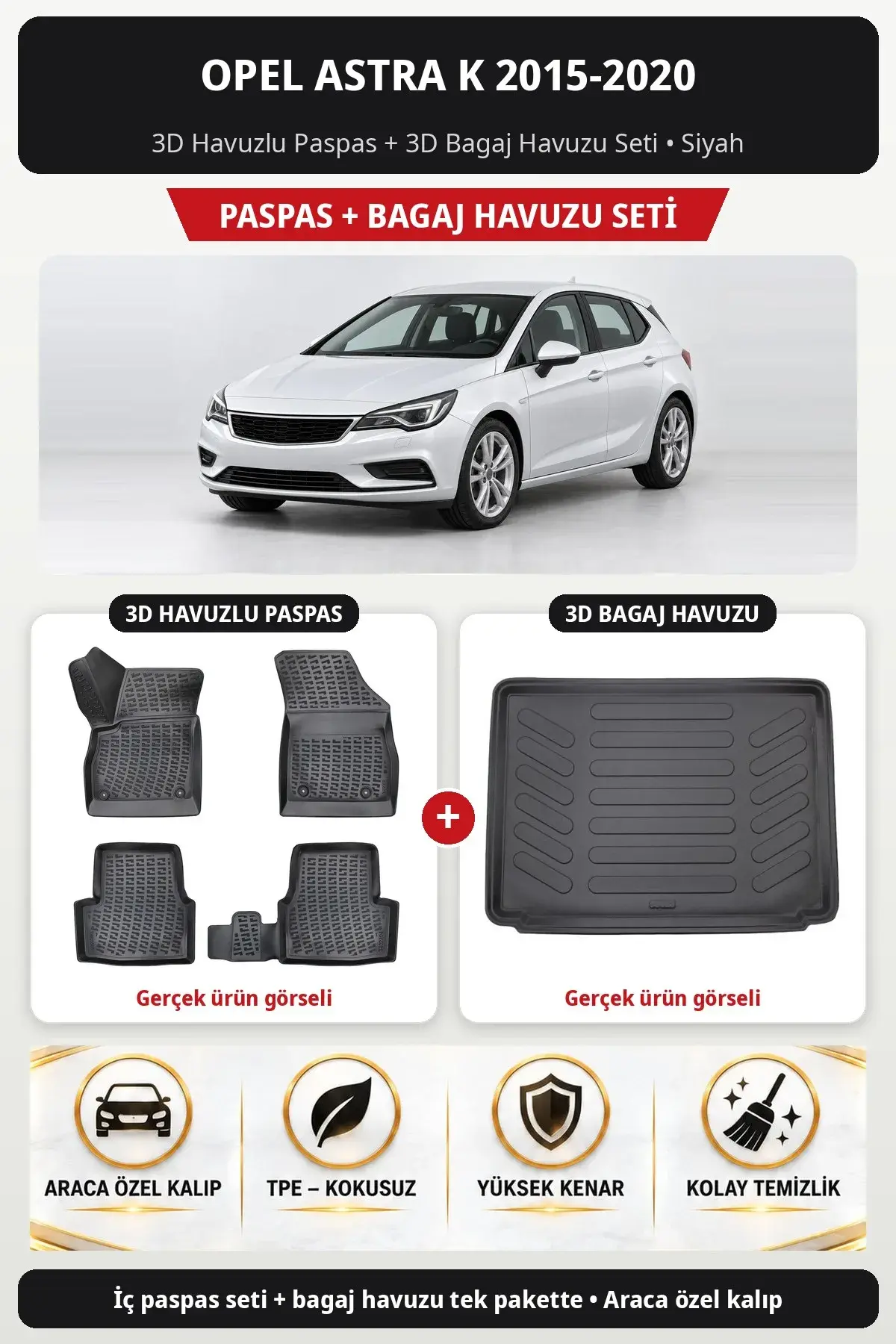Opel Astra K 2015-2020 3D Havuzlu Paspas + 3D Bagaj Havuzu Seti Siyah (1)