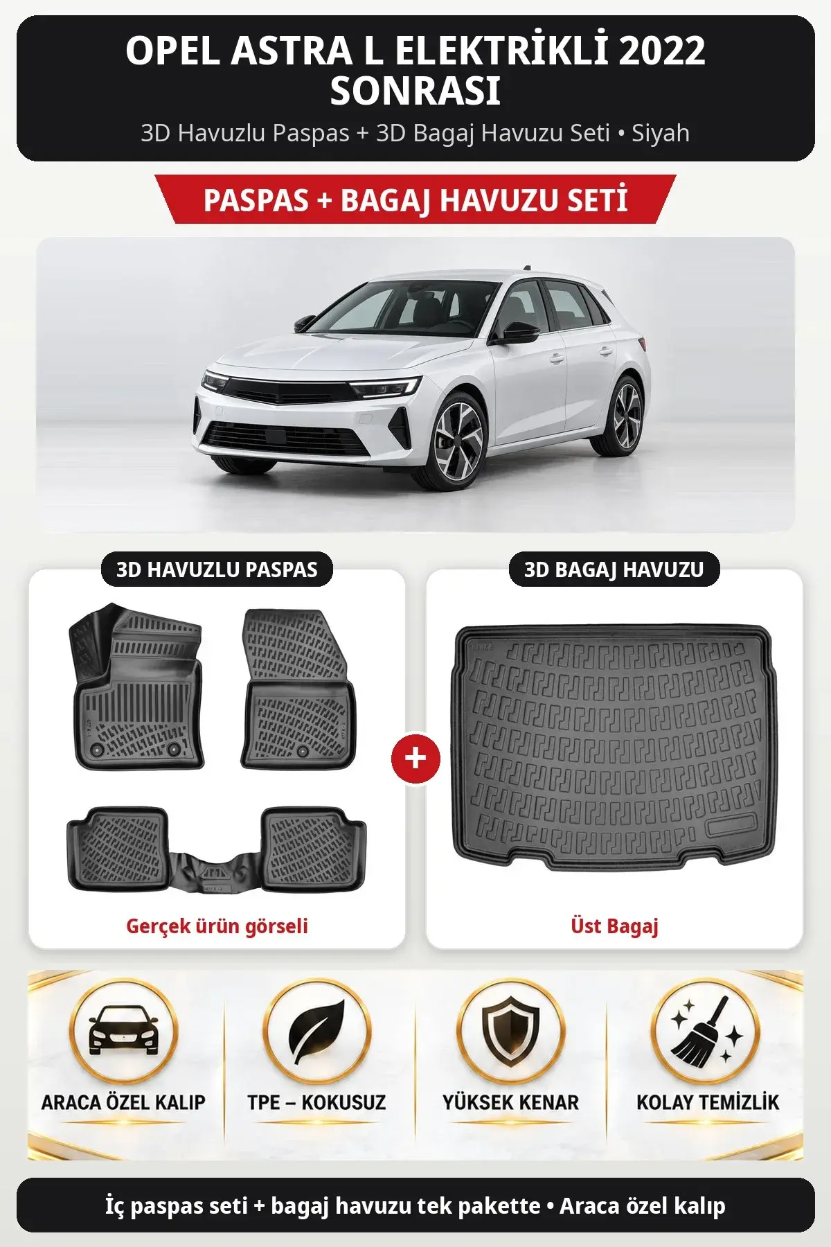 Opel Astra L Elektrikli 2022 Sonrası 3D Havuzlu Paspas + 3D Bagaj Havuzu Seti (Üst Bagaj) Siyah (1)
