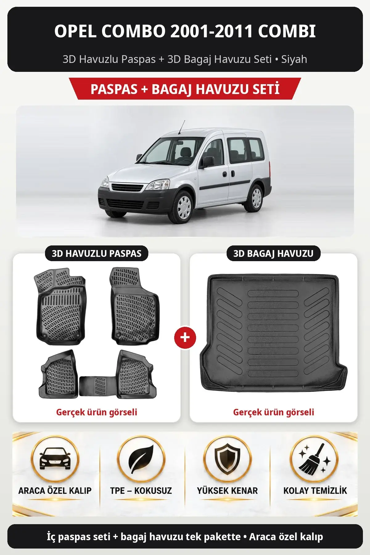 Opel Combo 2001-2011 Combi 3D Havuzlu Paspas + 3D Bagaj Havuzu Seti Siyah (1)