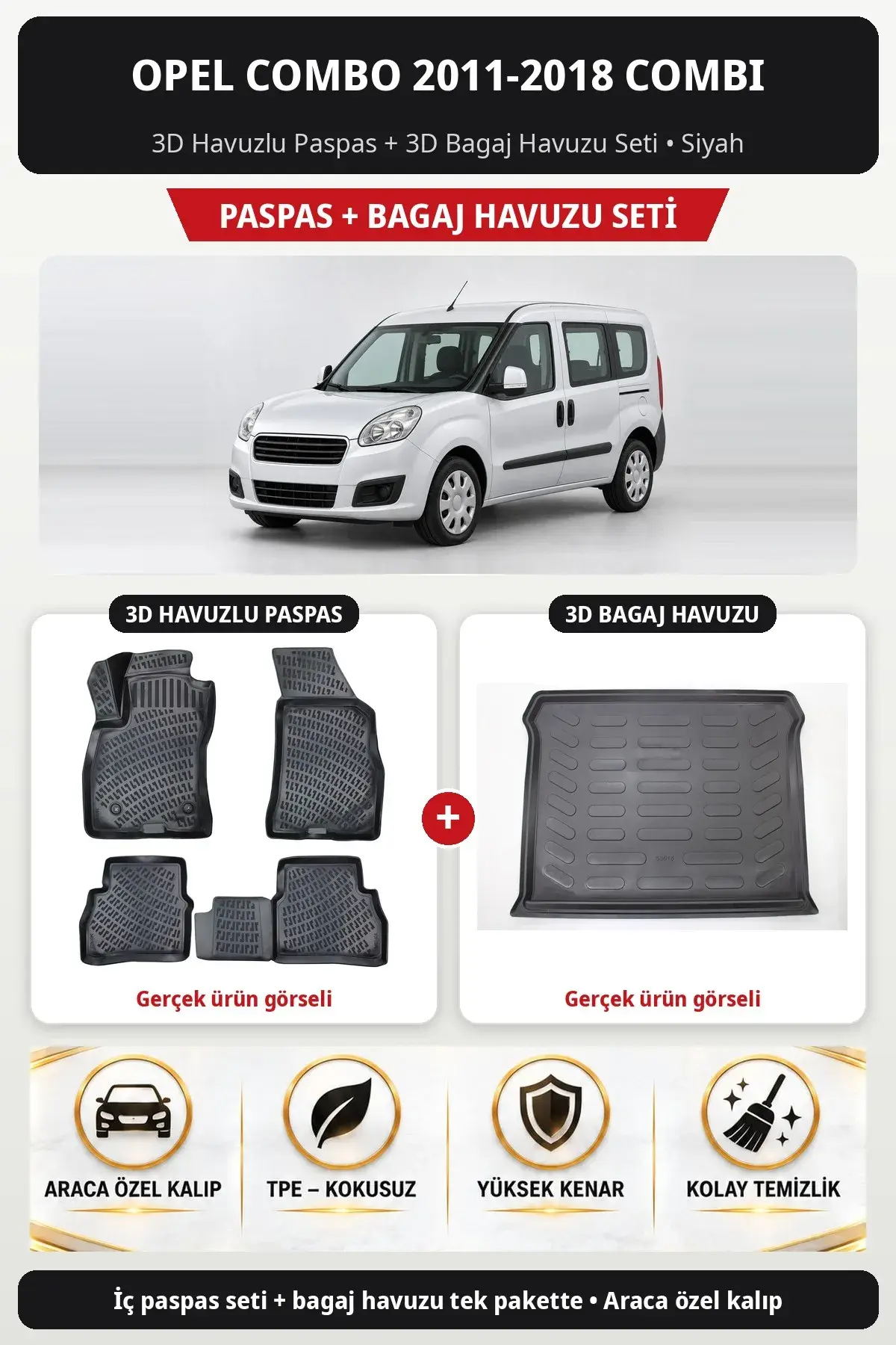 Opel Combo 2011-2018 Combi 3D Havuzlu Paspas + 3D Bagaj Havuzu Seti Siyah (1)