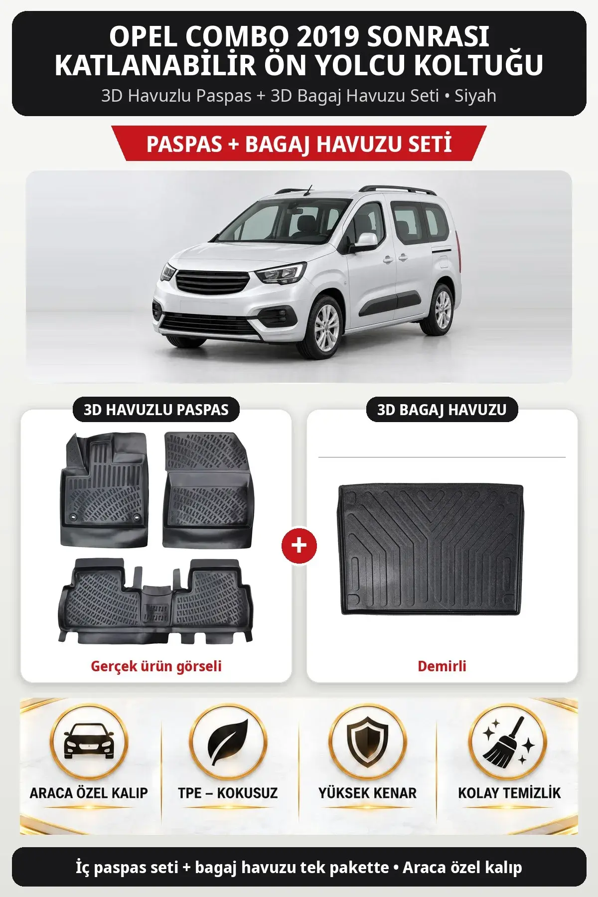 Opel Combo 2019 Sonrası Katlanabilir Ön Yolcu Koltuğu 3D Paspas + Bagaj Havuzu Seti (Demirli) Siyah (1)