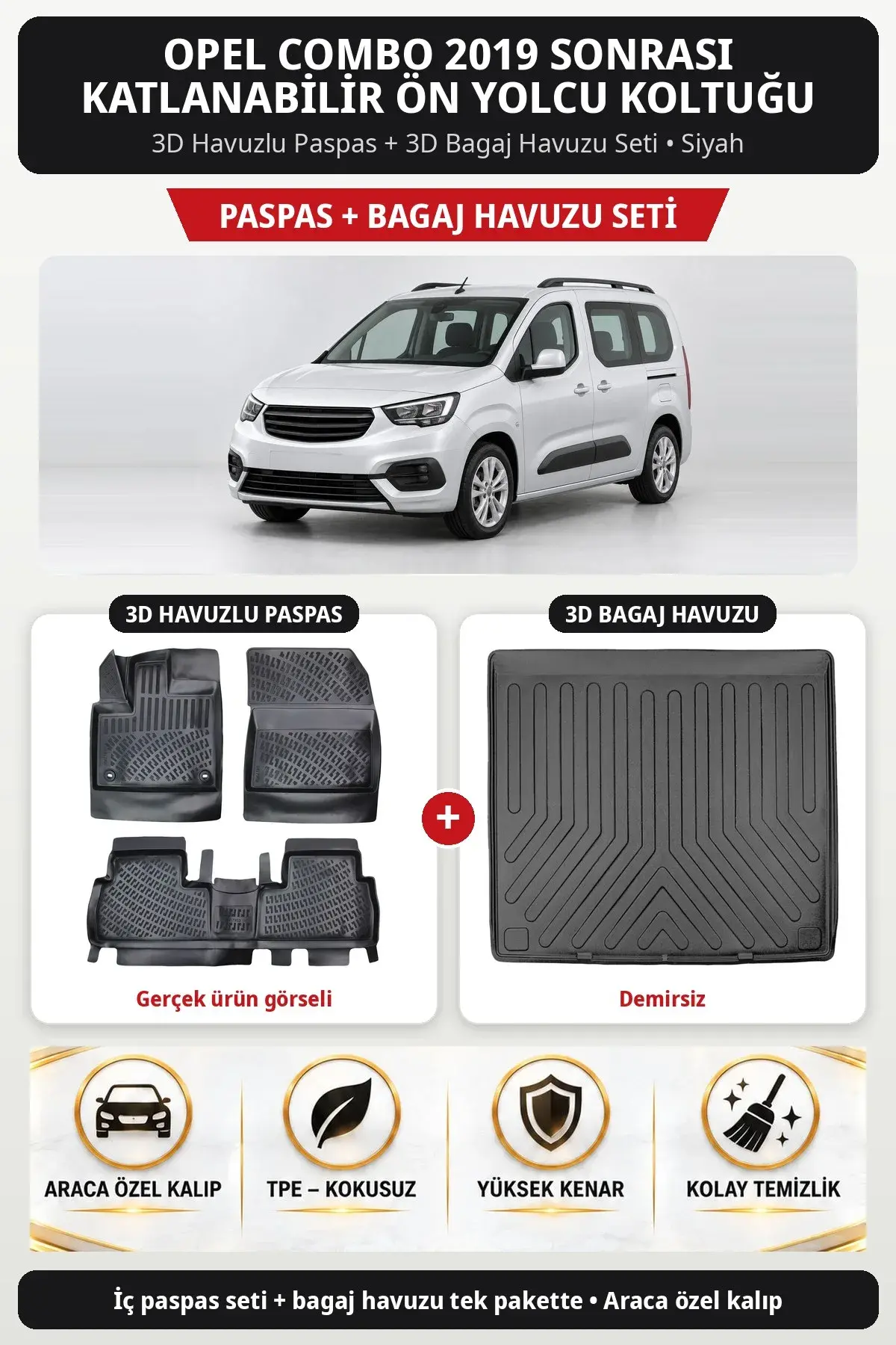 Opel Combo 2019 Sonrası Katlanabilir Ön Yolcu Koltuğu 3D Paspas + Bagaj Havuzu Seti (Demirsiz) Siyah (1)