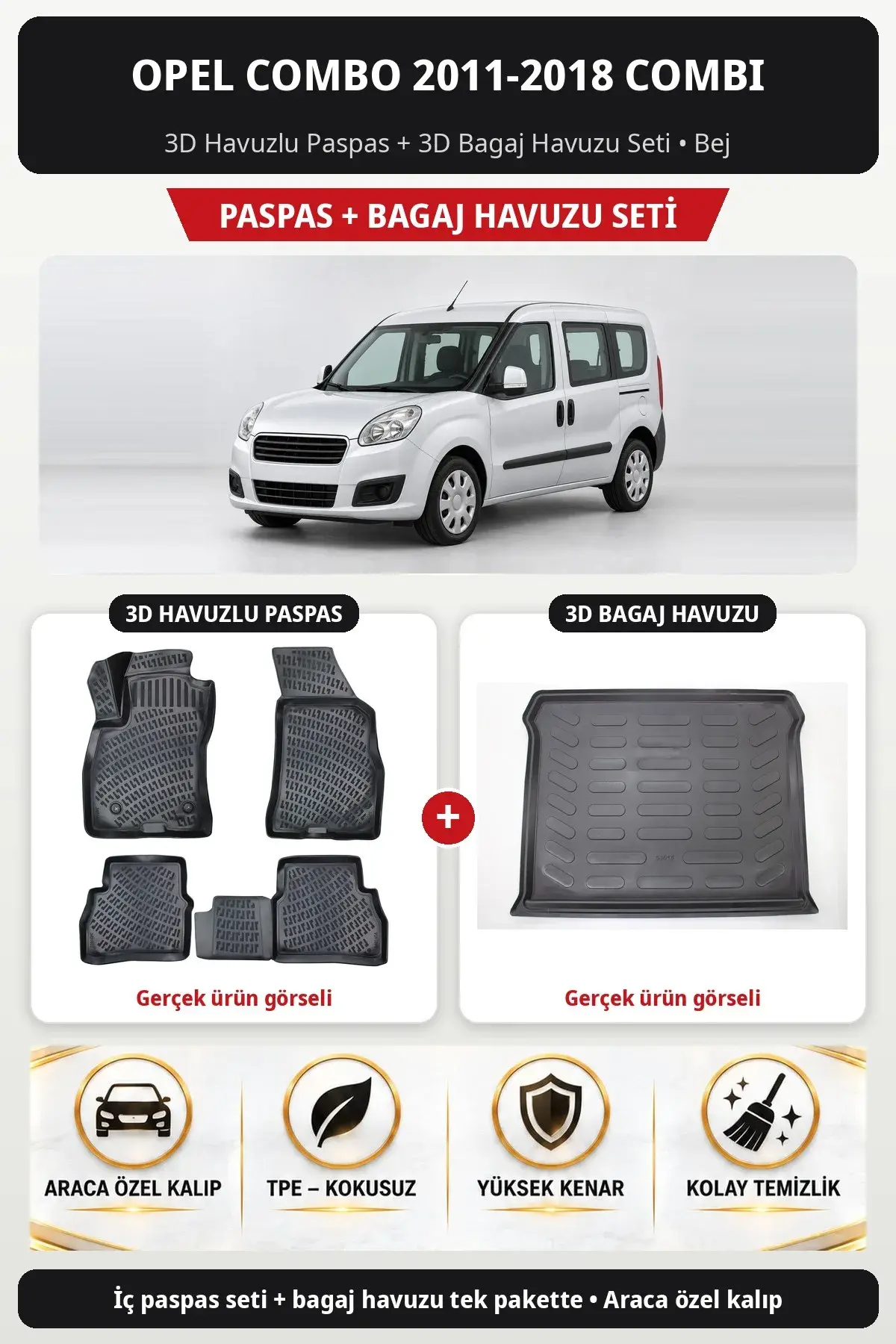 Opel Combo 2011-2018 Combi 3D Havuzlu Paspas + 3D Bagaj Havuzu Seti Bej (1)