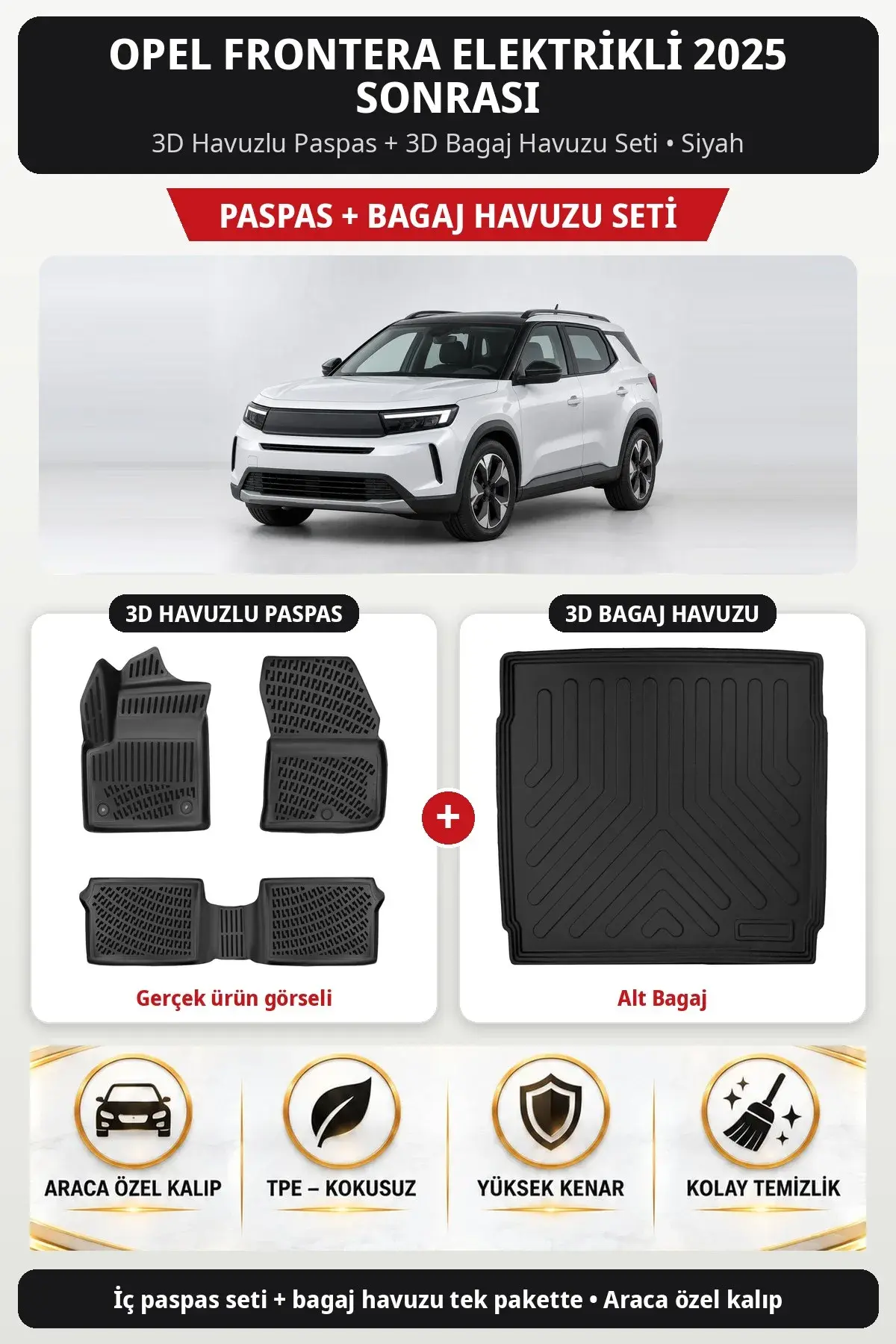Opel Frontera Elektrikli 2025 Sonrası 3D Havuzlu Paspas + 3D Bagaj Havuzu Seti (Alt Bagaj) Siyah (1)