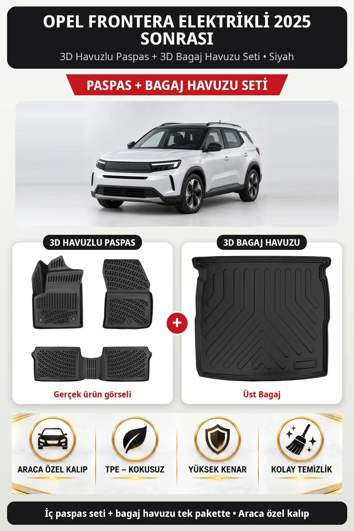 Opel Frontera Elektrikli 2025 Sonrası 3D Havuzlu Paspas + 3D Bagaj Havuzu Seti (Üst Bagaj) Siyah (1)
