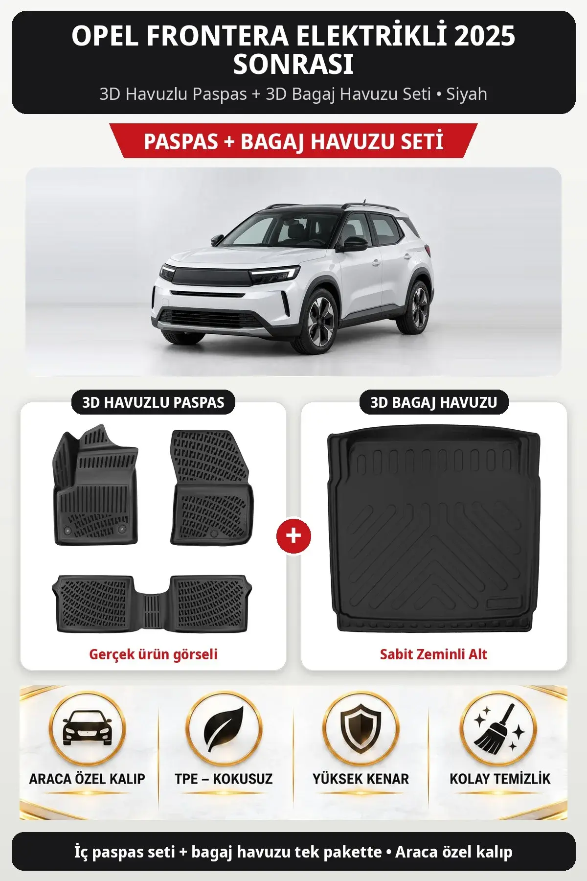 Opel Frontera Elektrikli 2025 Sonrası 3D Paspas + Bagaj Havuzu Seti (Sabit Zeminli Alt) Siyah (1)