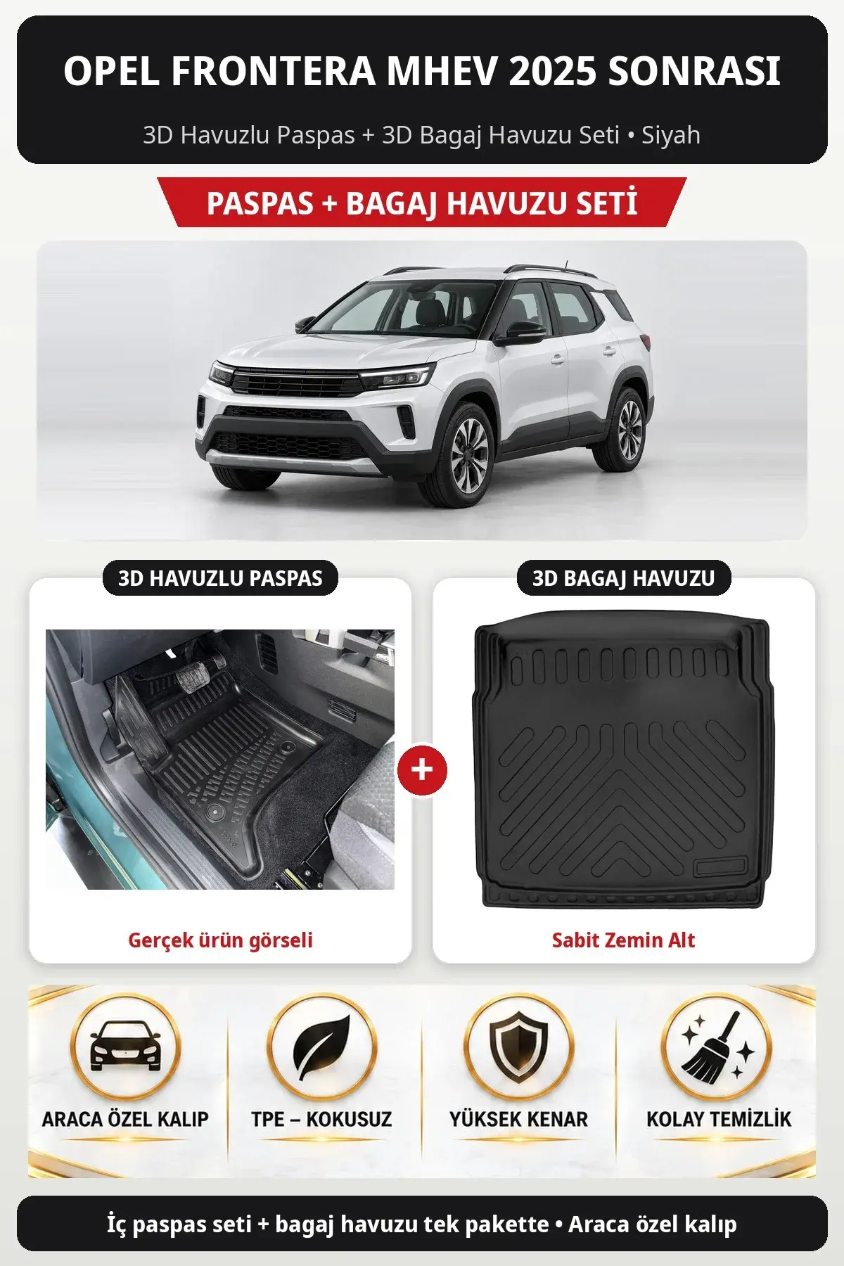 Opel Frontera MHEV 2025 Sonrası 3D Havuzlu Paspas + 3D Bagaj Havuzu Seti (Sabit Zemin Alt) Siyah (1)
