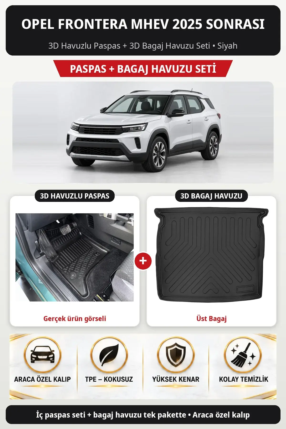 Opel Frontera MHEV 2025 Sonrası 3D Havuzlu Paspas + 3D Bagaj Havuzu Seti (Üst Bagaj) Siyah (1)
