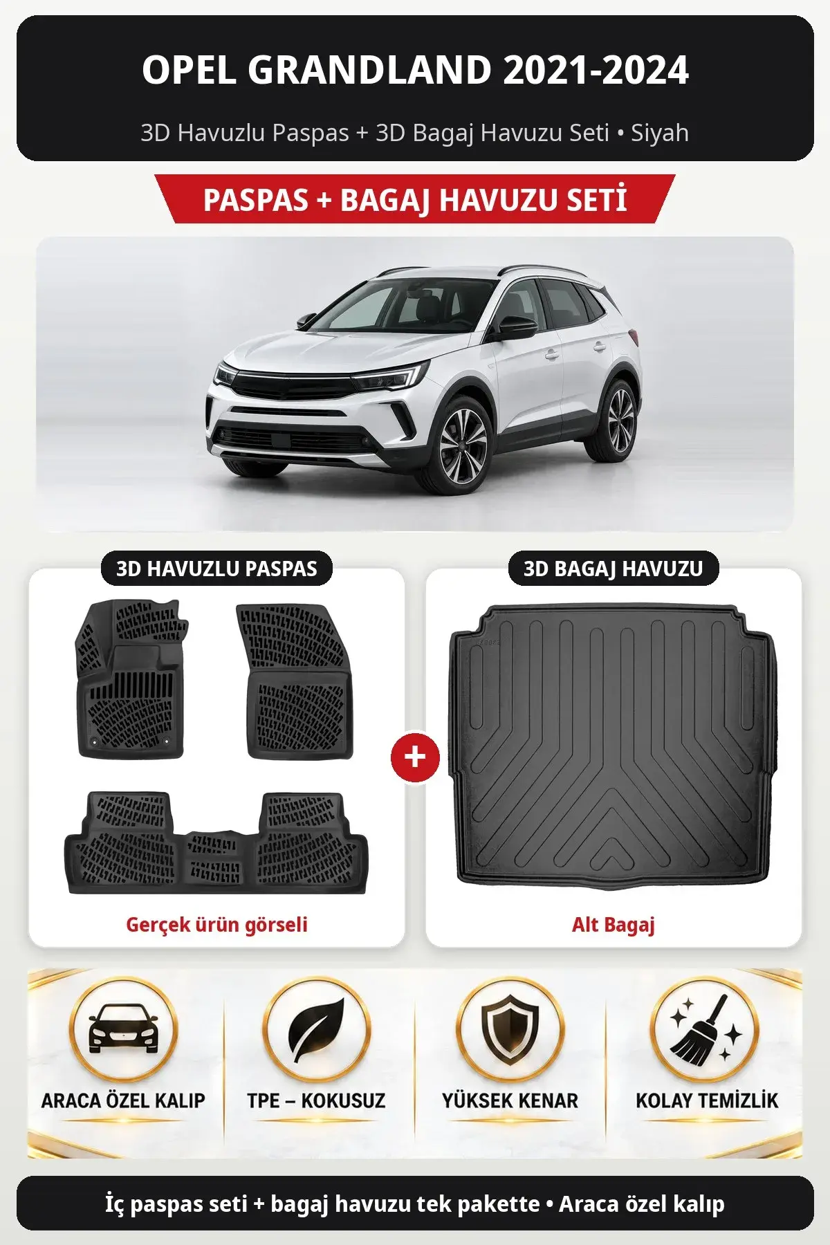 Opel Grandland 2021-2024 3D Havuzlu Paspas + 3D Bagaj Havuzu Seti (Alt Bagaj) Siyah (1)
