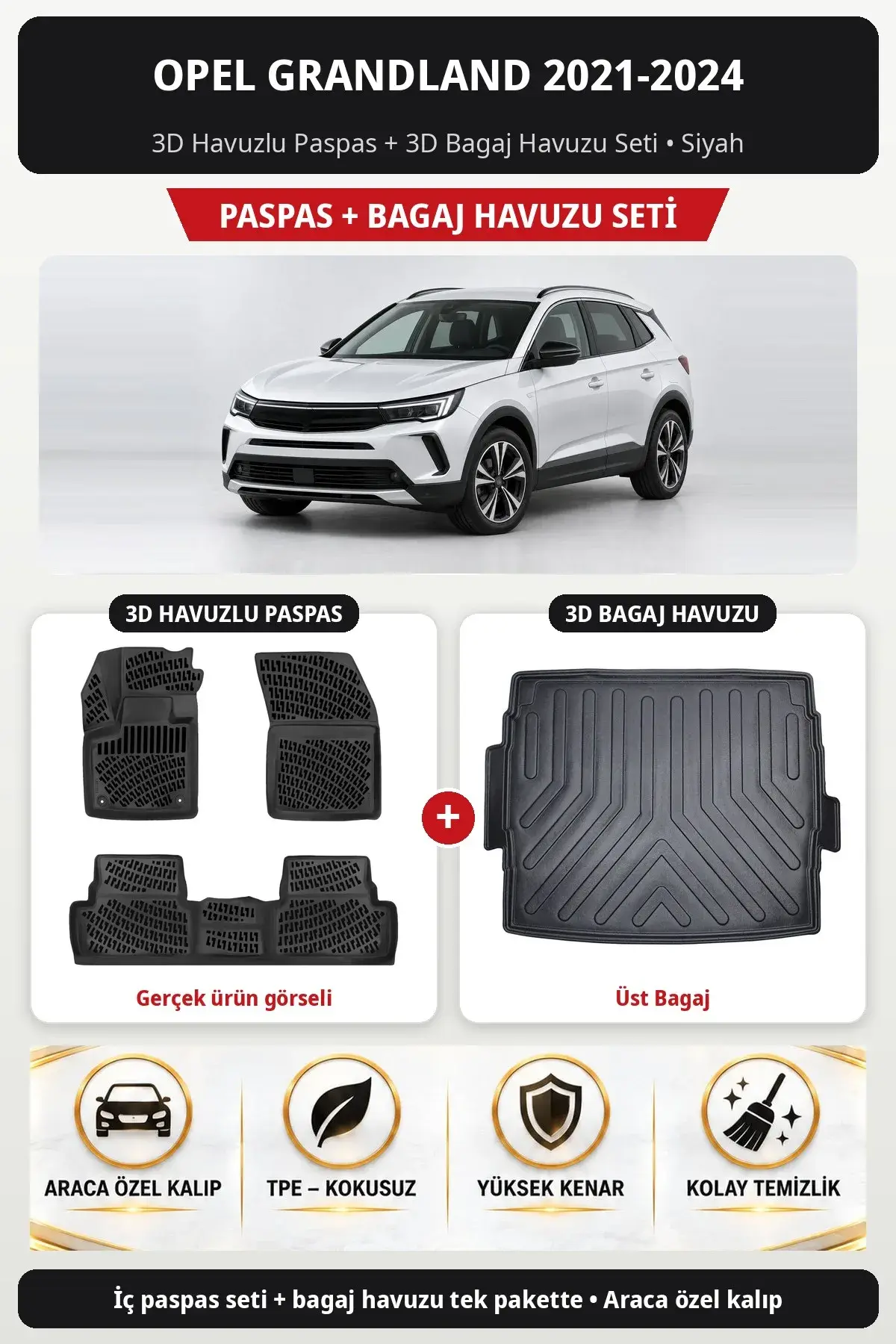 Opel Grandland 2021-2024 3D Havuzlu Paspas + 3D Bagaj Havuzu Seti (Üst Bagaj) Siyah (1)