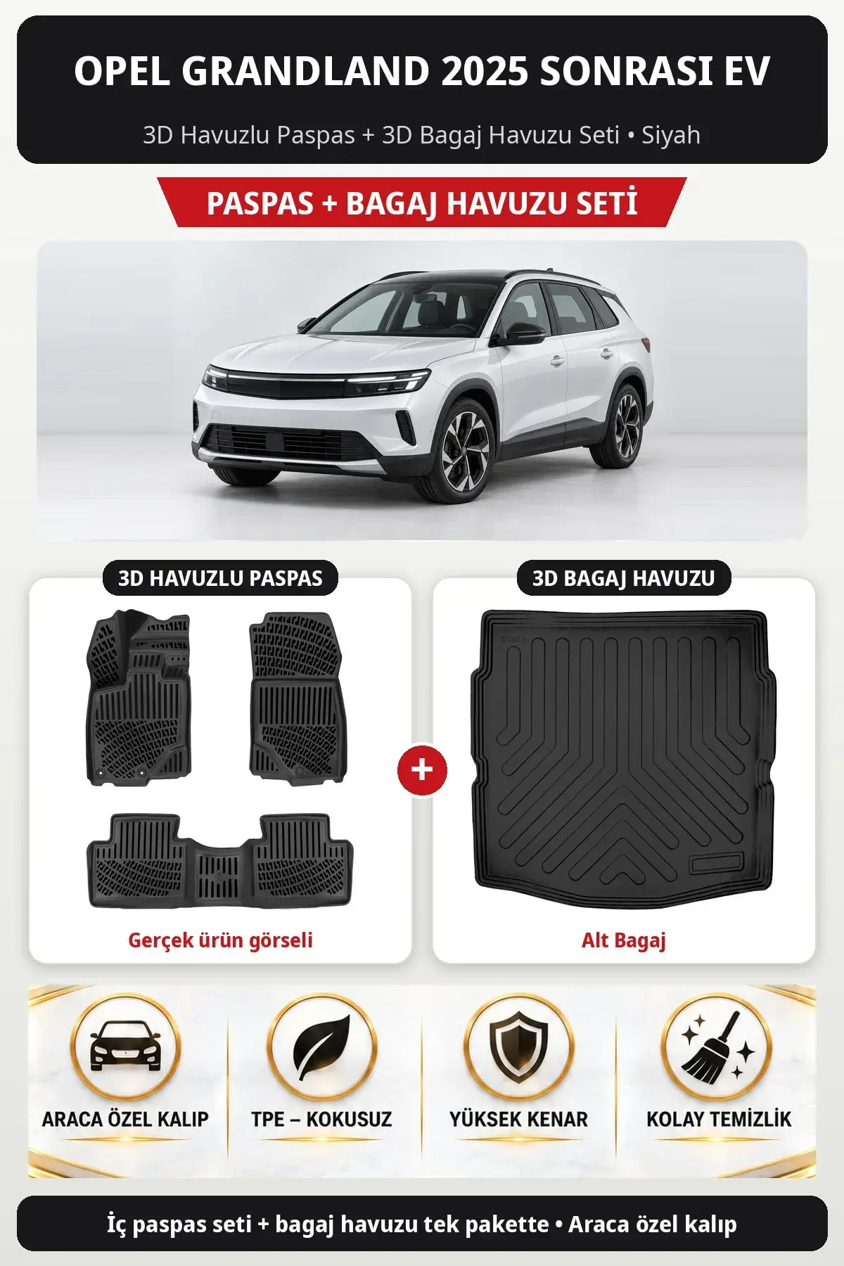 Opel Grandland 2025 Sonrası EV 3D Havuzlu Paspas + 3D Bagaj Havuzu Seti (Alt Bagaj) Siyah (1)