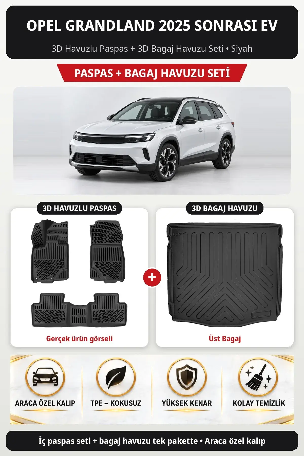 Opel Grandland 2025 Sonrası EV 3D Havuzlu Paspas + 3D Bagaj Havuzu Seti (Üst Bagaj) Siyah (1)