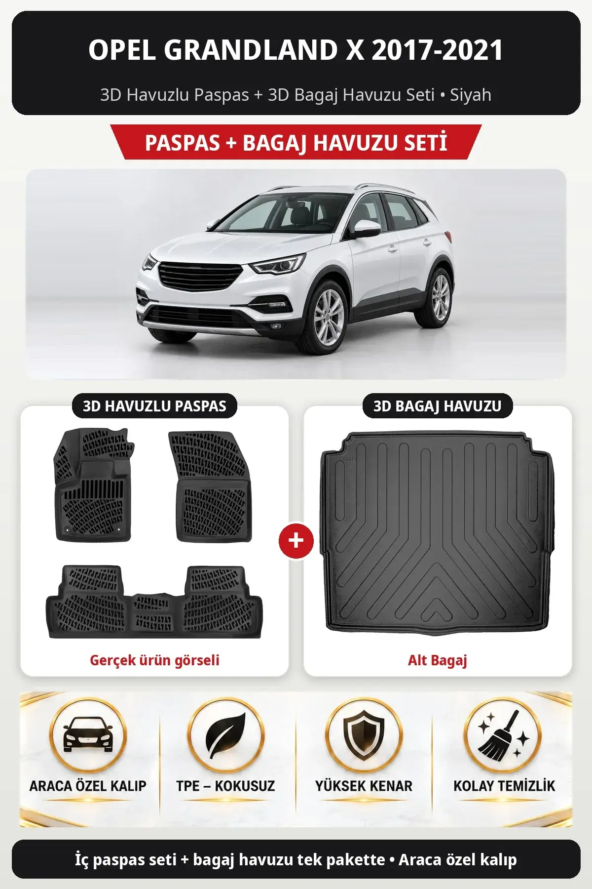Opel Grandland X 2017-2021 3D Havuzlu Paspas + 3D Bagaj Havuzu Seti (Alt Bagaj) Siyah (1)