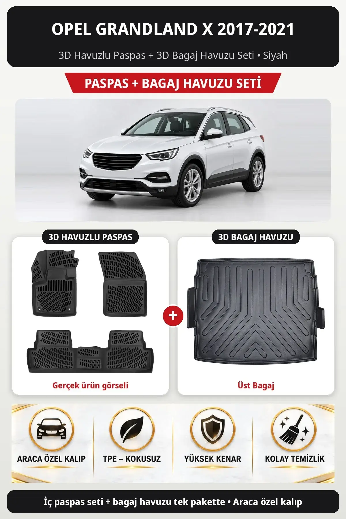 Opel Grandland X 2017-2021 3D Havuzlu Paspas + 3D Bagaj Havuzu Seti (Üst Bagaj) Siyah (1)