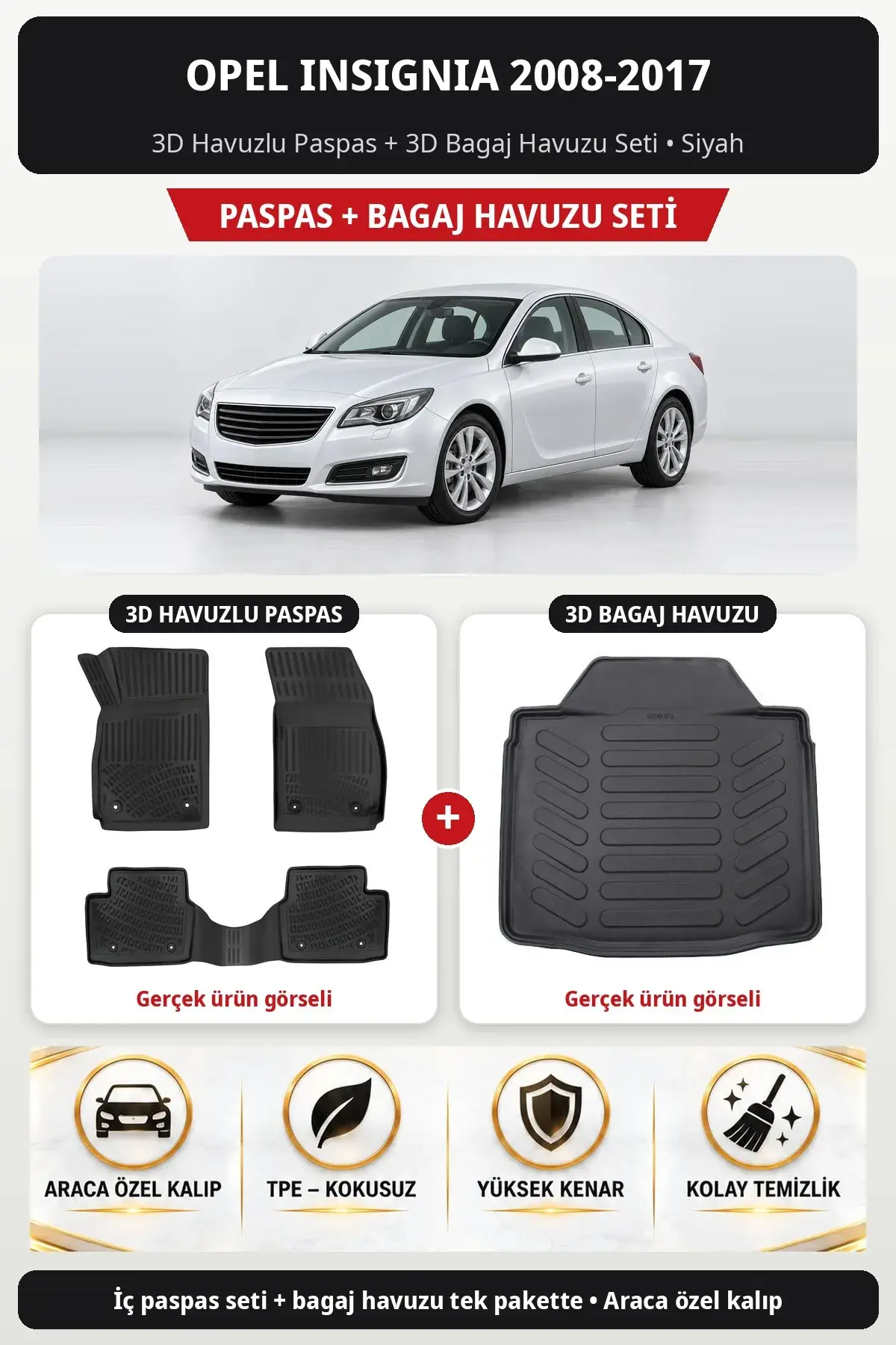 Opel Insignia 2008-2017 3D Havuzlu Paspas + 3D Bagaj Havuzu Seti Siyah (1)