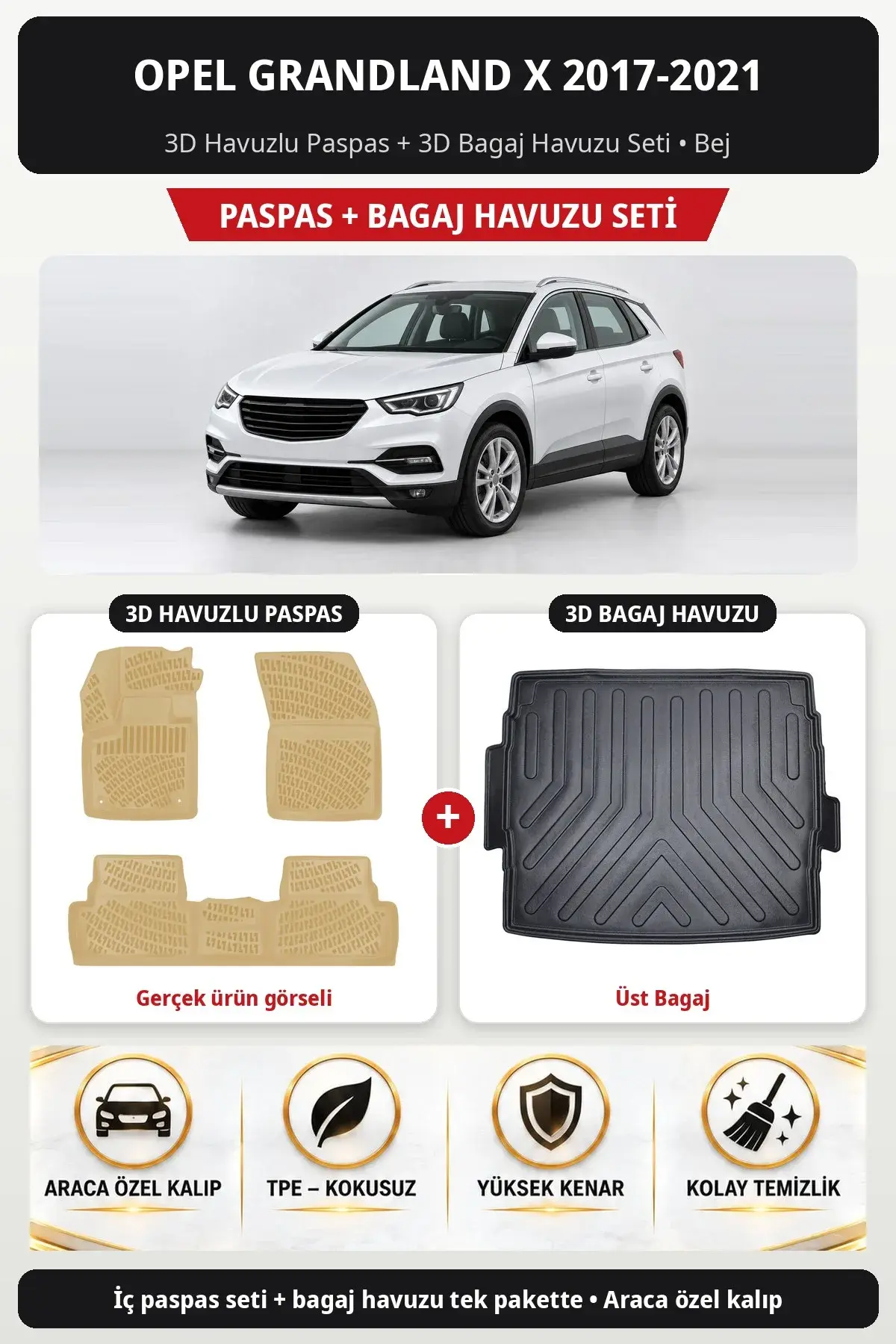 Opel Grandland X 2017-2021 3D Havuzlu Paspas + 3D Bagaj Havuzu Seti (Üst Bagaj) Bej (1)
