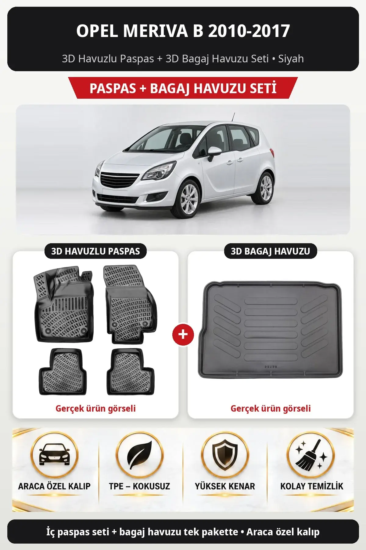 Opel Meriva B 2010-2017 3D Havuzlu Paspas + 3D Bagaj Havuzu Seti Siyah (1)