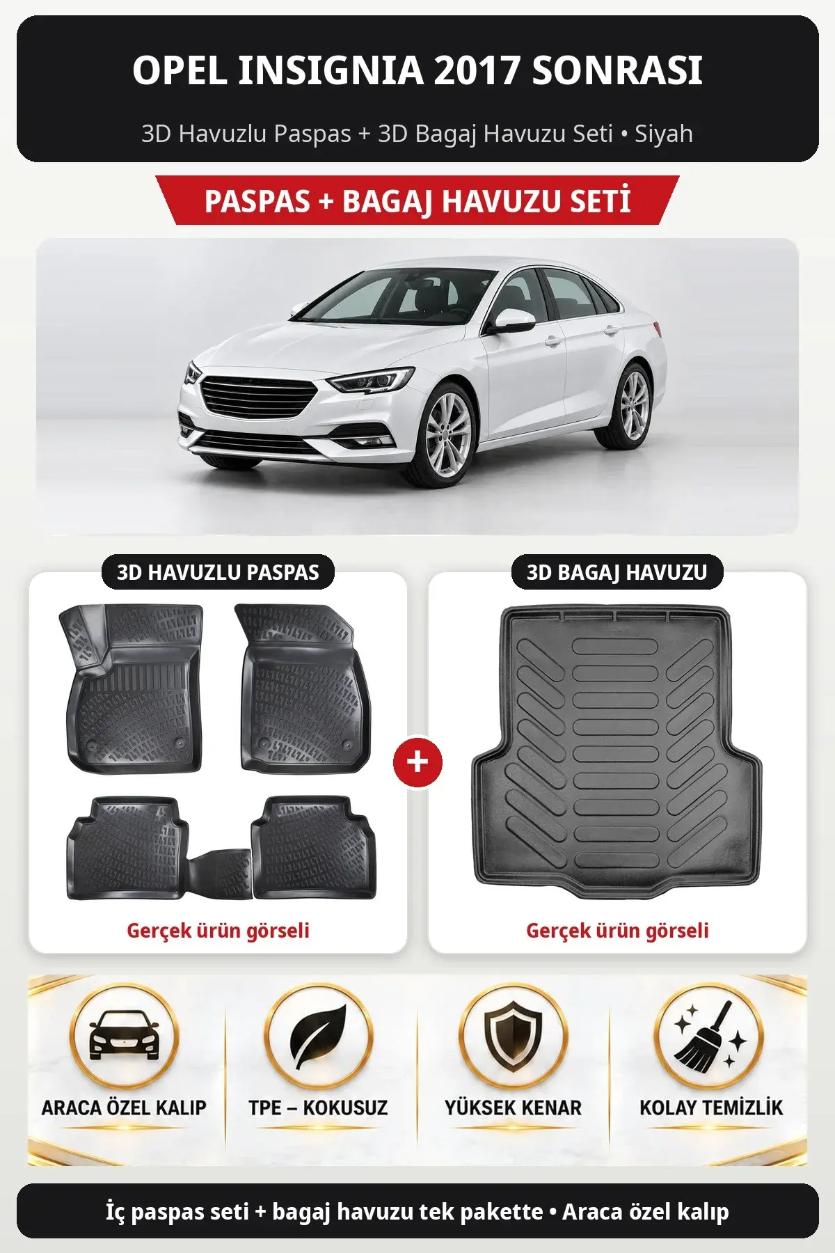 Opel Insignia 2017 Sonrası 3D Havuzlu Paspas + 3D Bagaj Havuzu Seti Siyah (1)