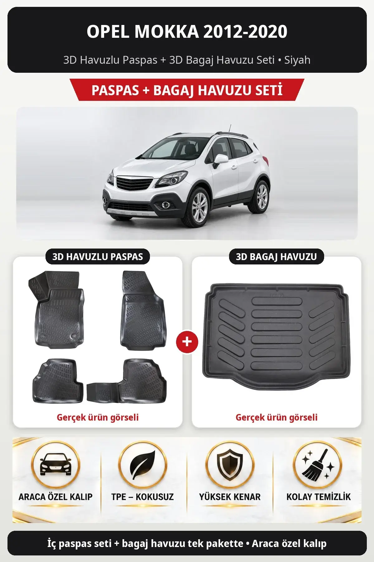 Opel Mokka 2012-2020 3D Havuzlu Paspas + 3D Bagaj Havuzu Seti Siyah (1)