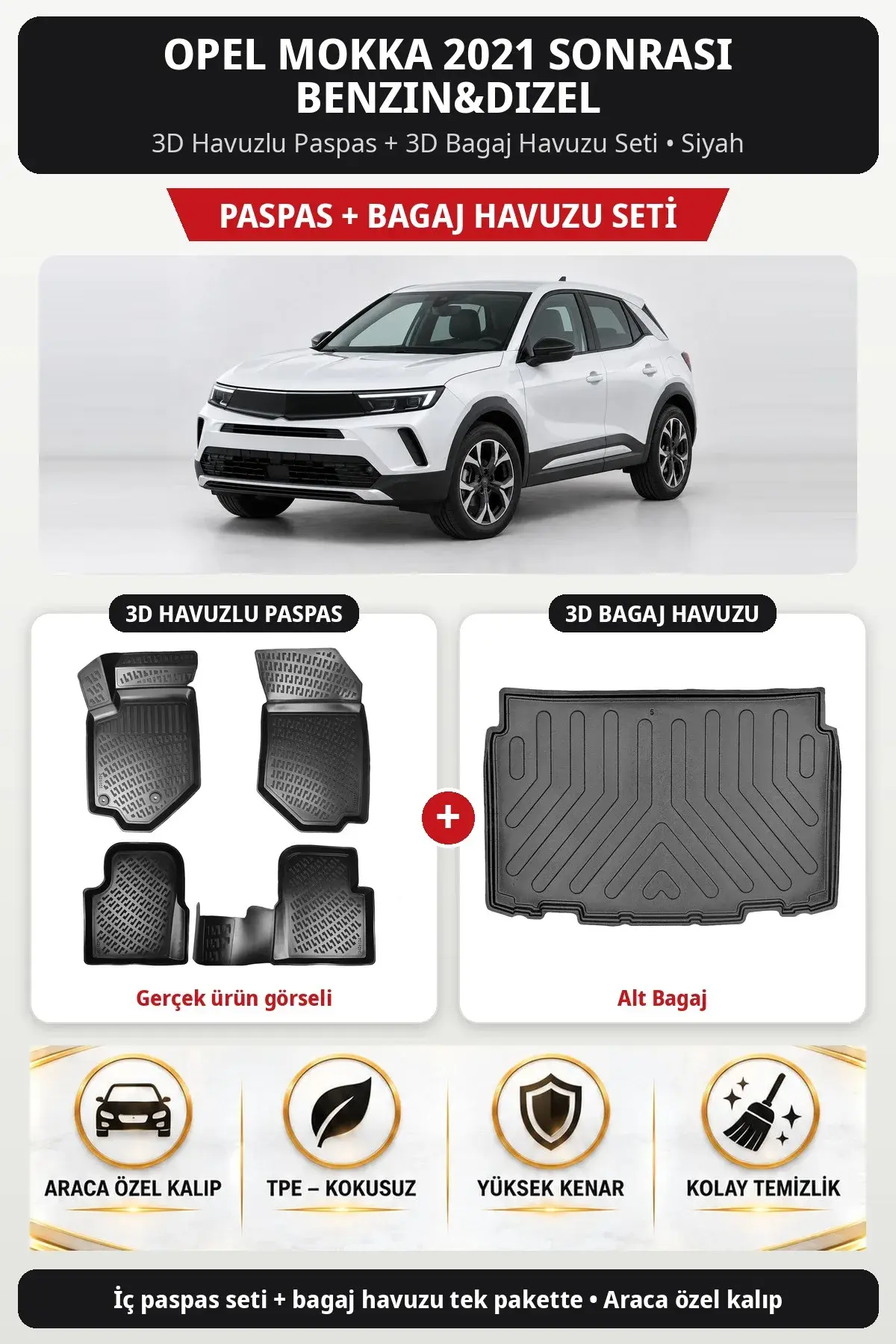 Opel Mokka 2021 Sonrası Benzin&Dizel 3D Havuzlu Paspas + 3D Bagaj Havuzu Seti (Alt Bagaj) Siyah (1)